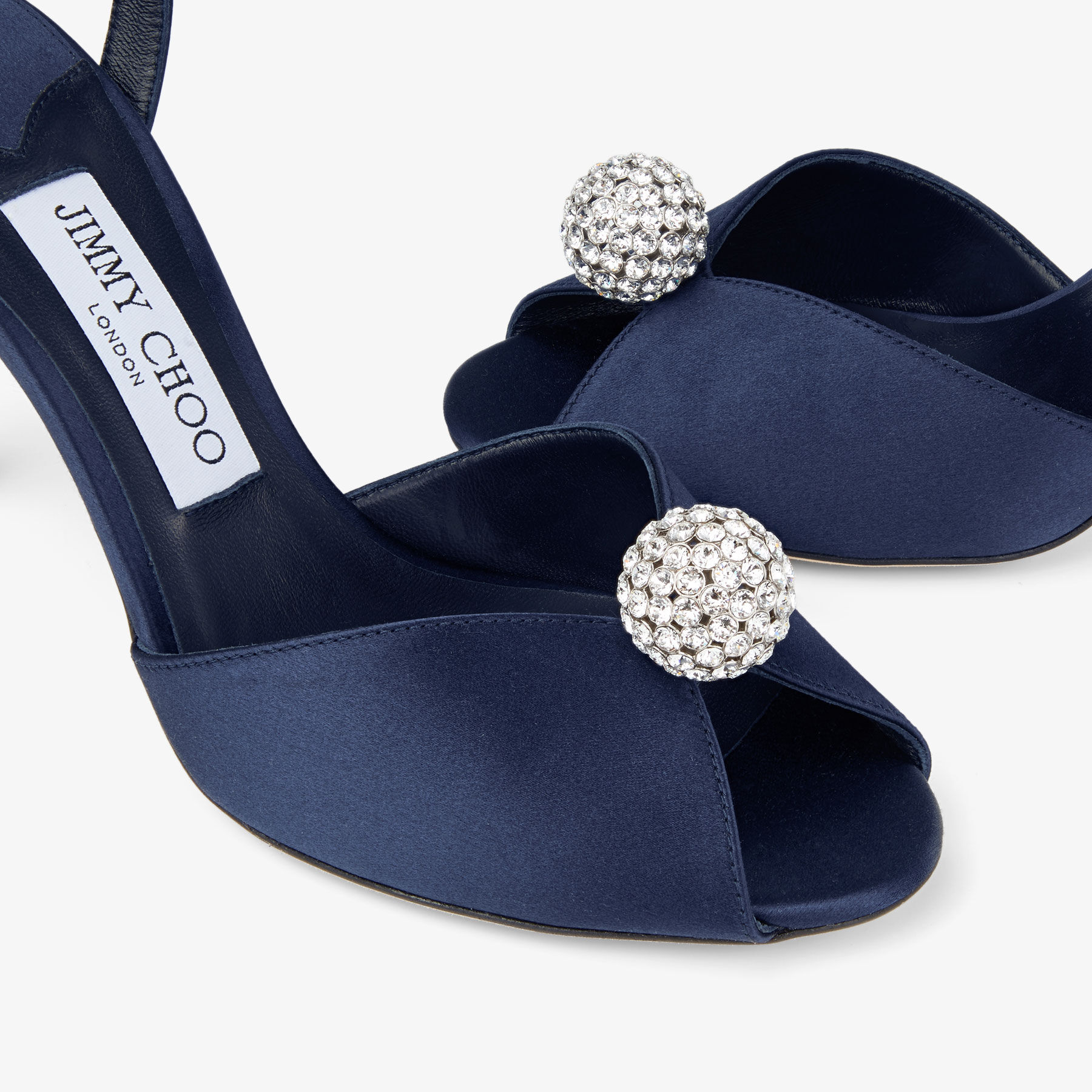 Sacora 85 | Marine Satin Sandals with Crystal-Embellished Sphere