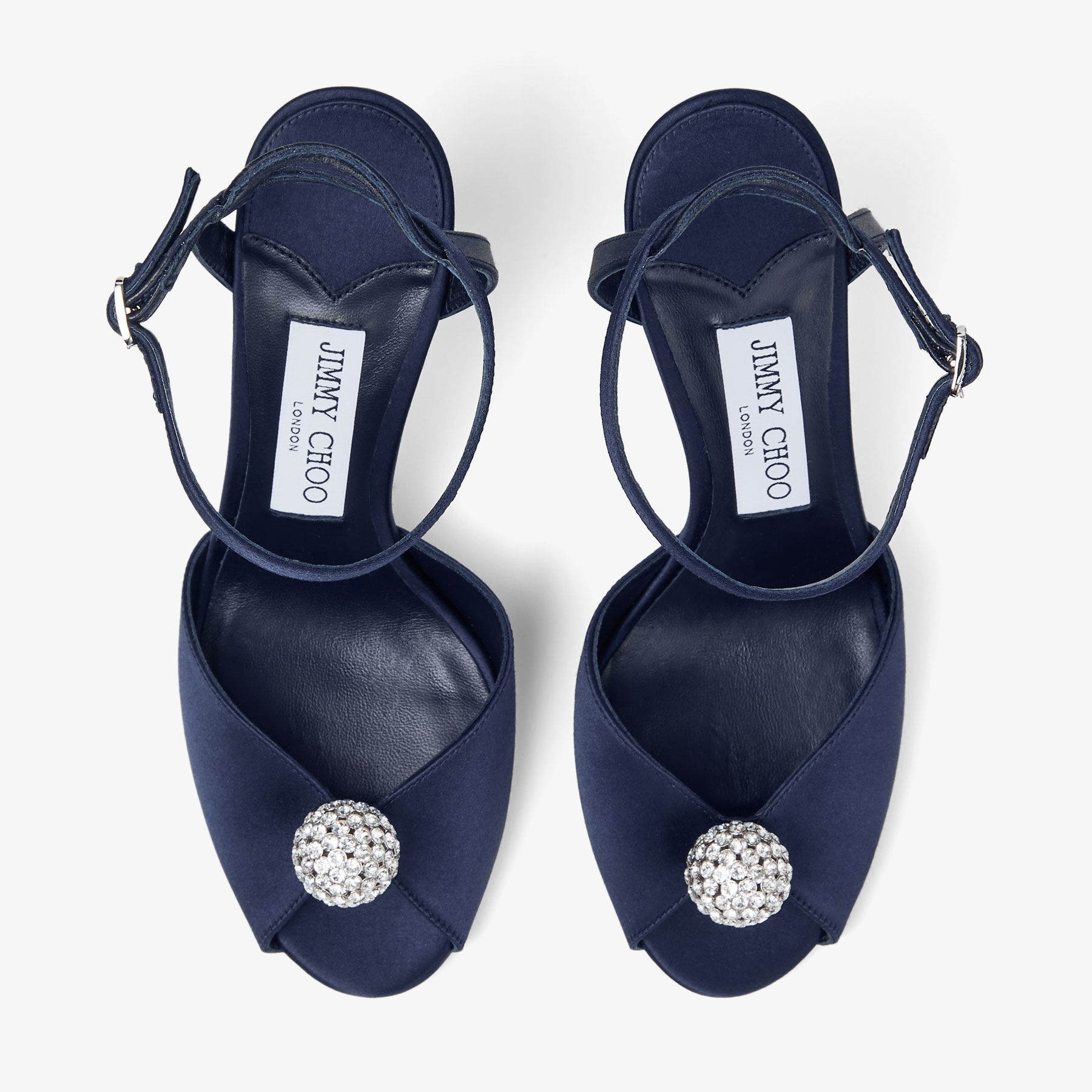 Sacora 85 | Marine Satin Sandals with Crystal-Embellished Sphere