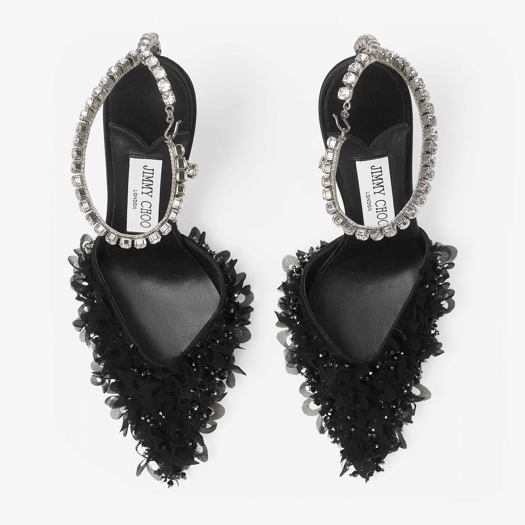 Saeda 100 | Black Mesh Pumps with Petal Embroidery and Crystal