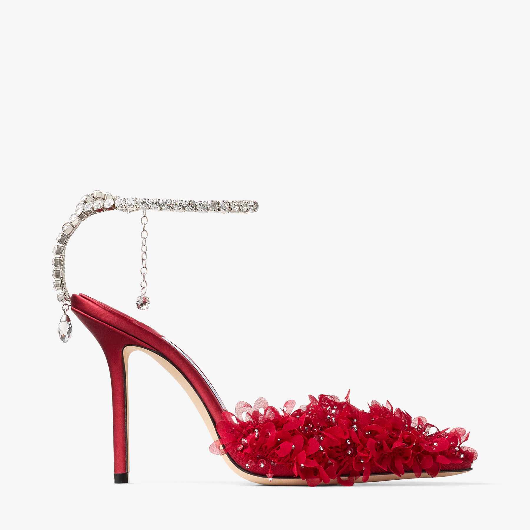 Saeda 100 | Ruby Red Mesh Pumps with Petal Embroidery | JIMMY CHOO