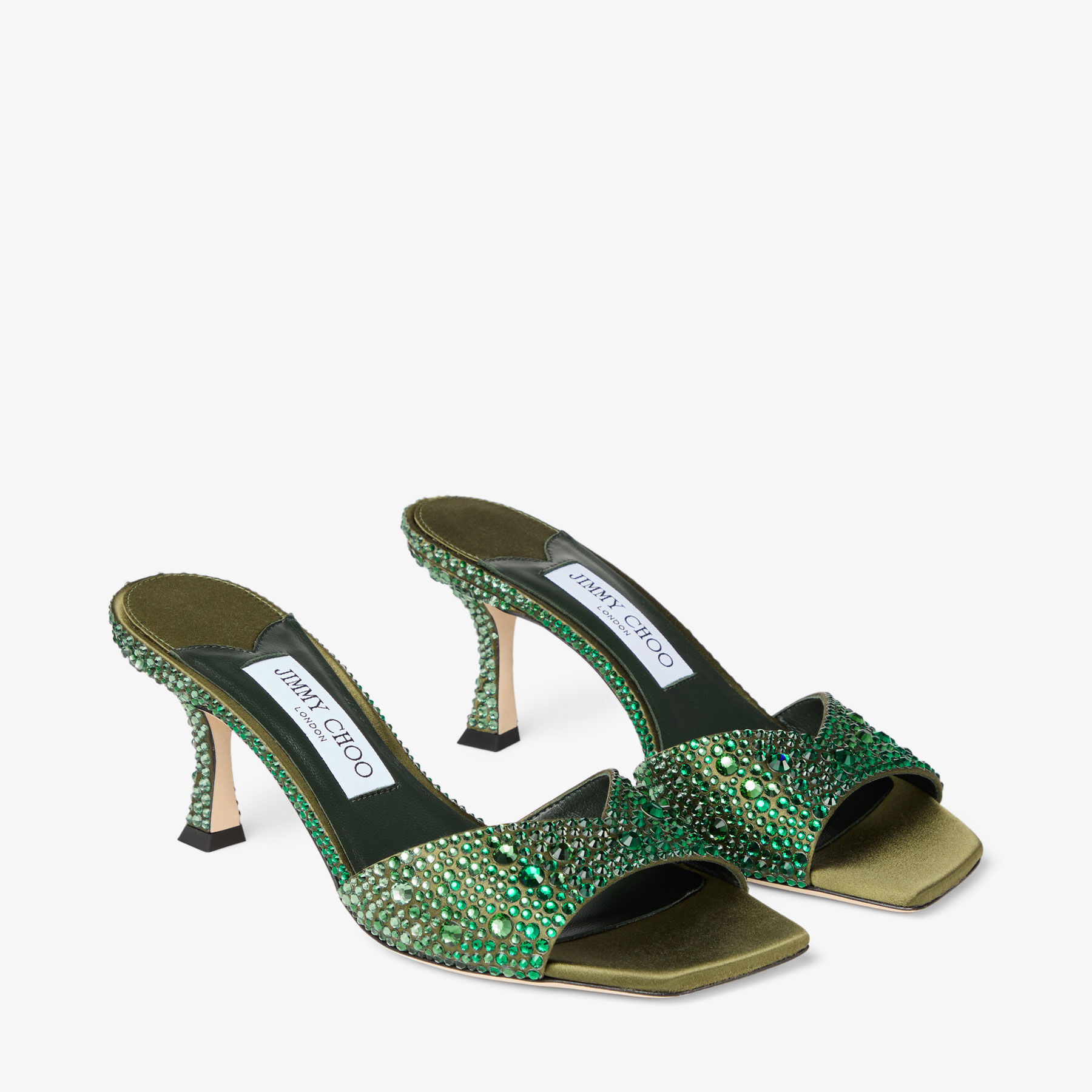 Skye 70 | British Green Satin Mules with Degrade Crystal | JIMMY CHOO