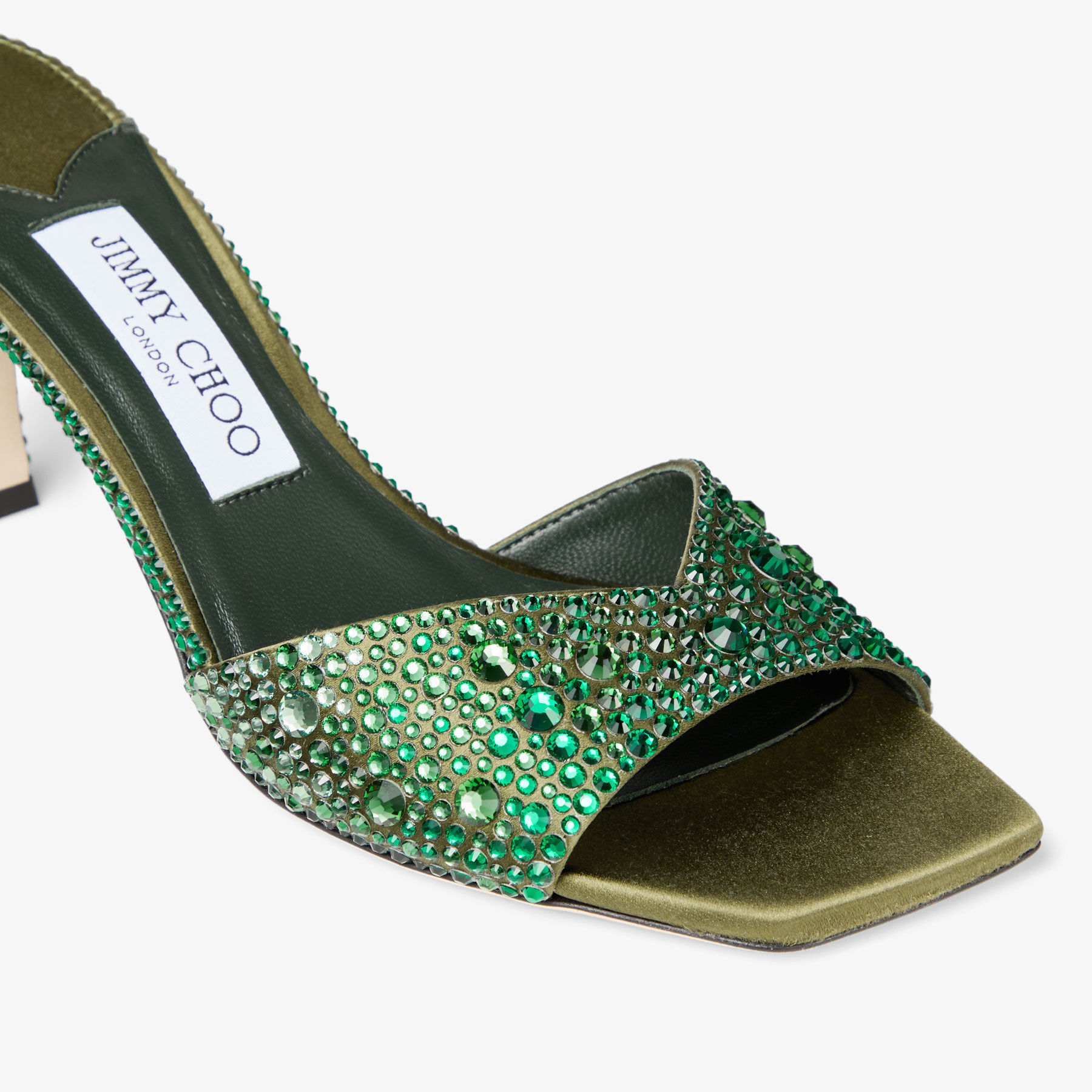 Skye 70 | British Green Satin Mules with Degrade Crystal | JIMMY CHOO