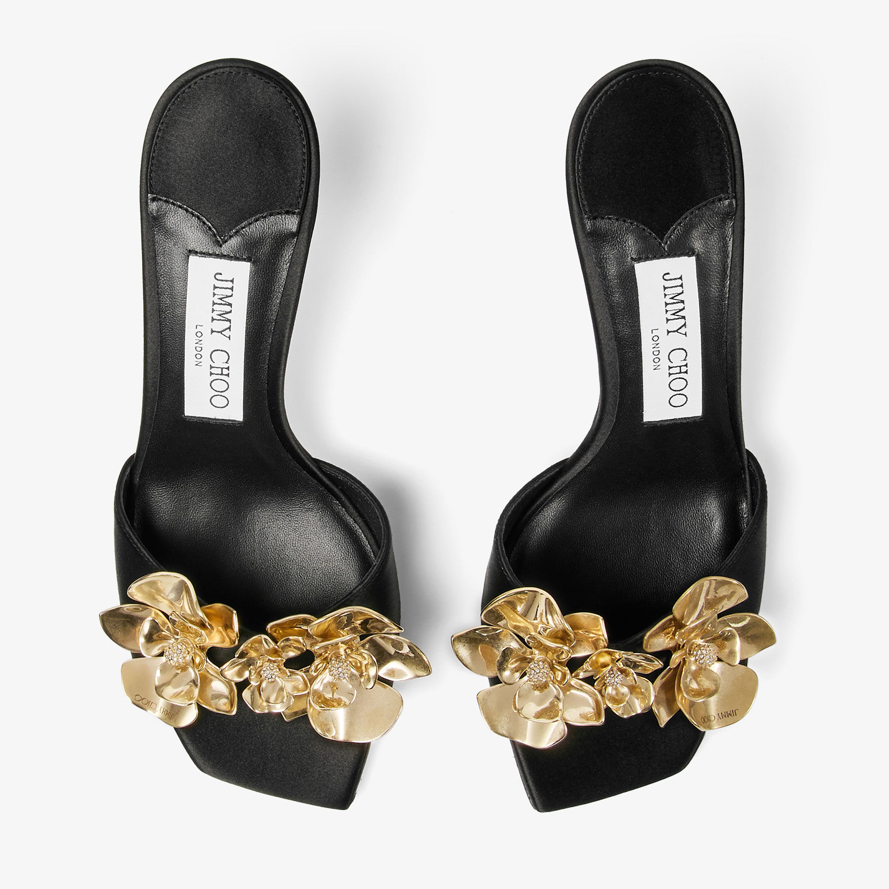 Skye 70 Zea Flower | Black Satin Mule Sandals with Flower Jewel