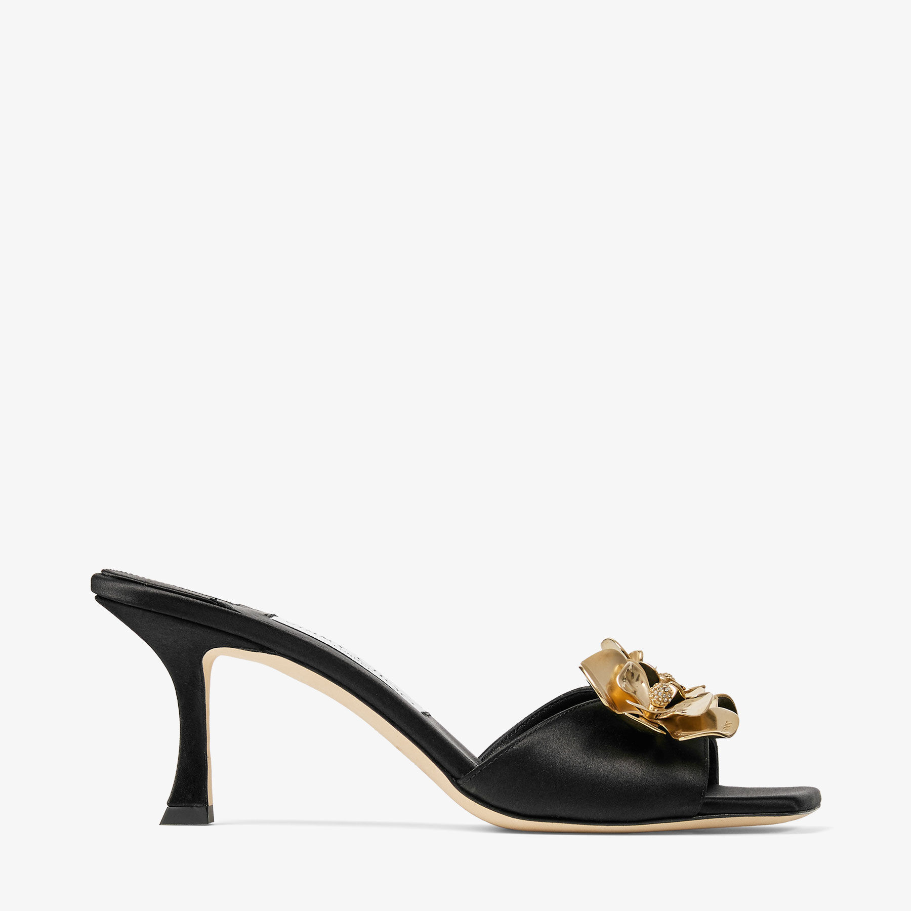 Skye 70 Zea Flower | Black Satin Mule Sandals with Flower Jewel