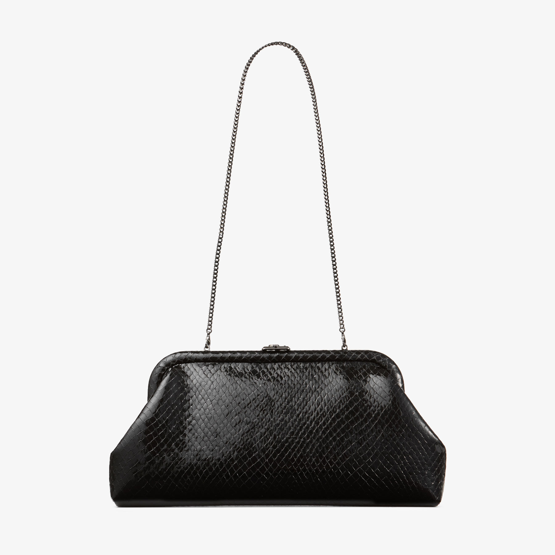 Skylar | Black Shiny Snake Printed Leather Clutch with