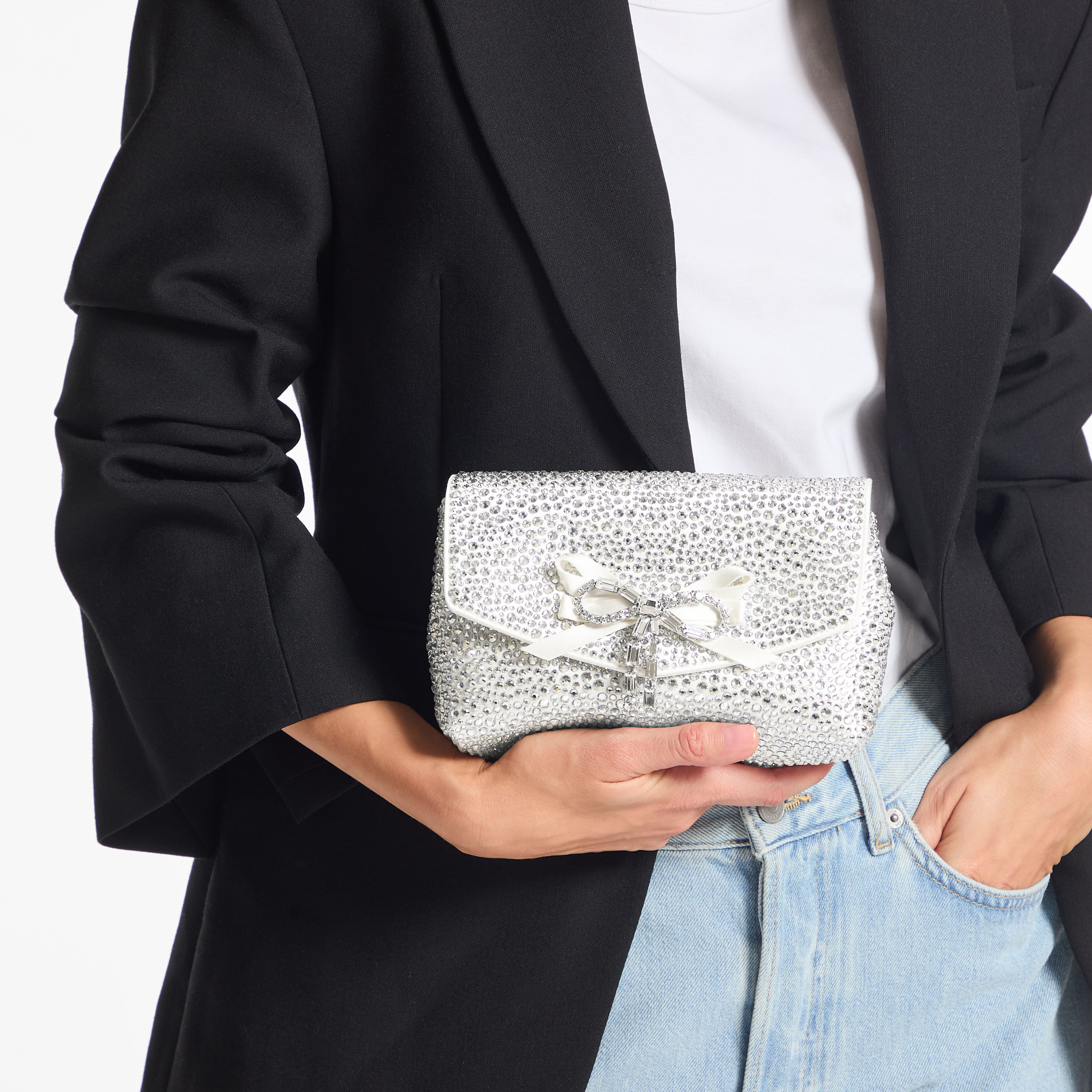 Soft Bow Mini Bag | Ivory Satin Mini Bag with Crystal Bow | JIMMY CHOO