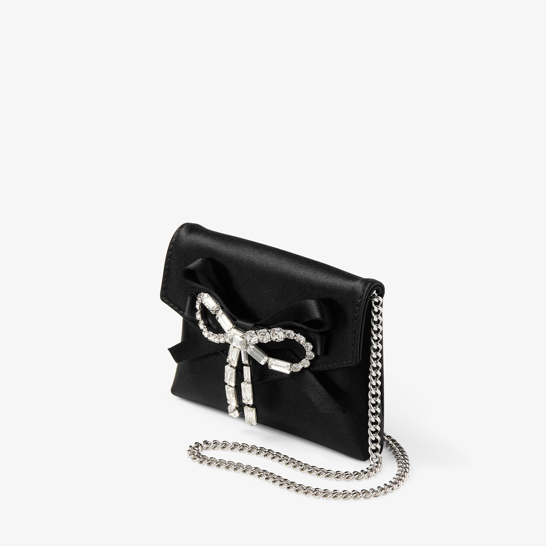 Soft Cardholder With Chain | Black Satin Cardholder with Crystal