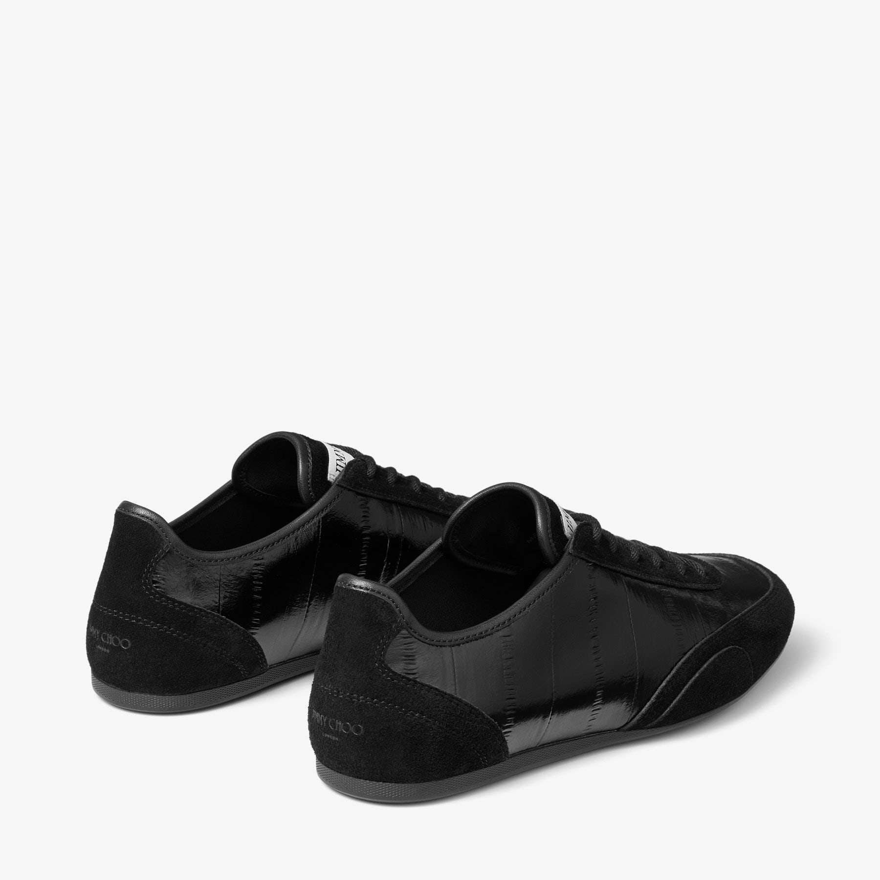 JIMMY CHOO ブラック スニーカー Sunny F | Black Leather Mix and Eel Printed Leather Low Top