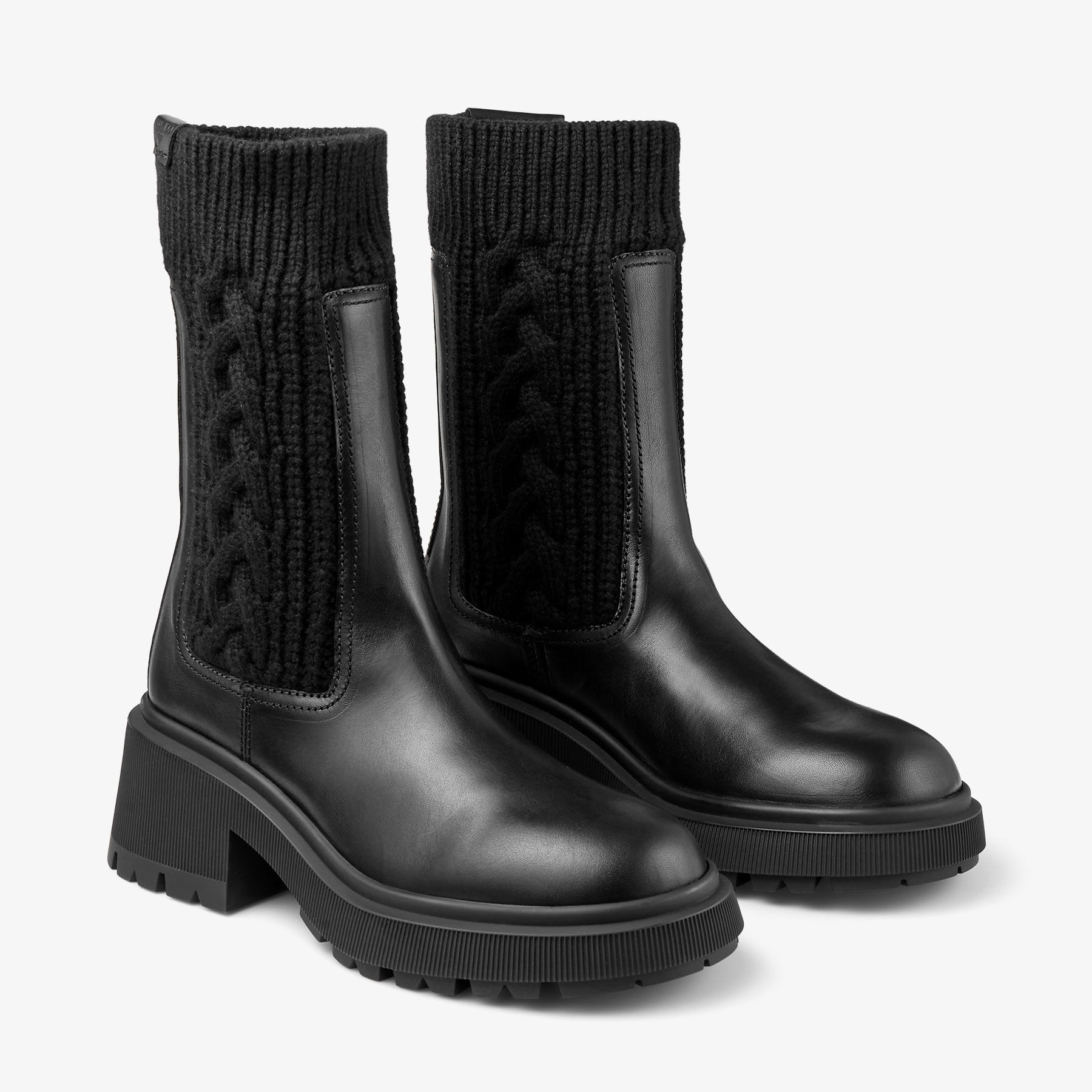 Tamia Flat | Black Shiny Calf Leather Ankle Boots with Cable Knit