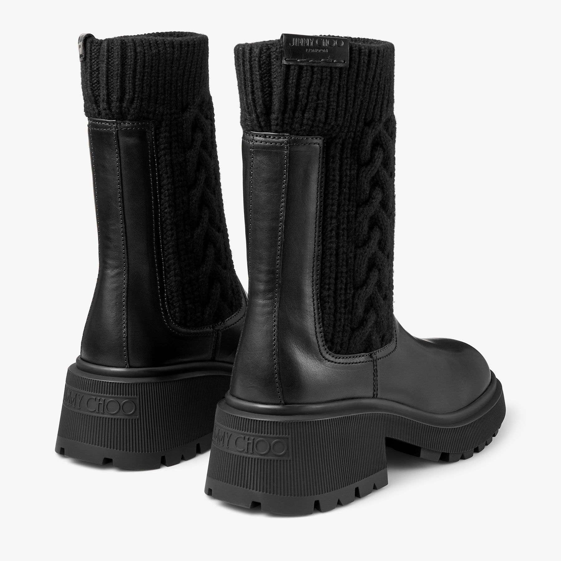 Tamia Flat | Black Shiny Calf Leather Ankle Boots with Cable Knit