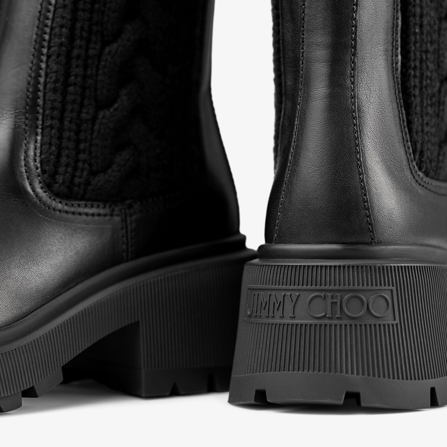 Tamia Flat | Black Shiny Calf Leather Ankle Boots with Cable Knit