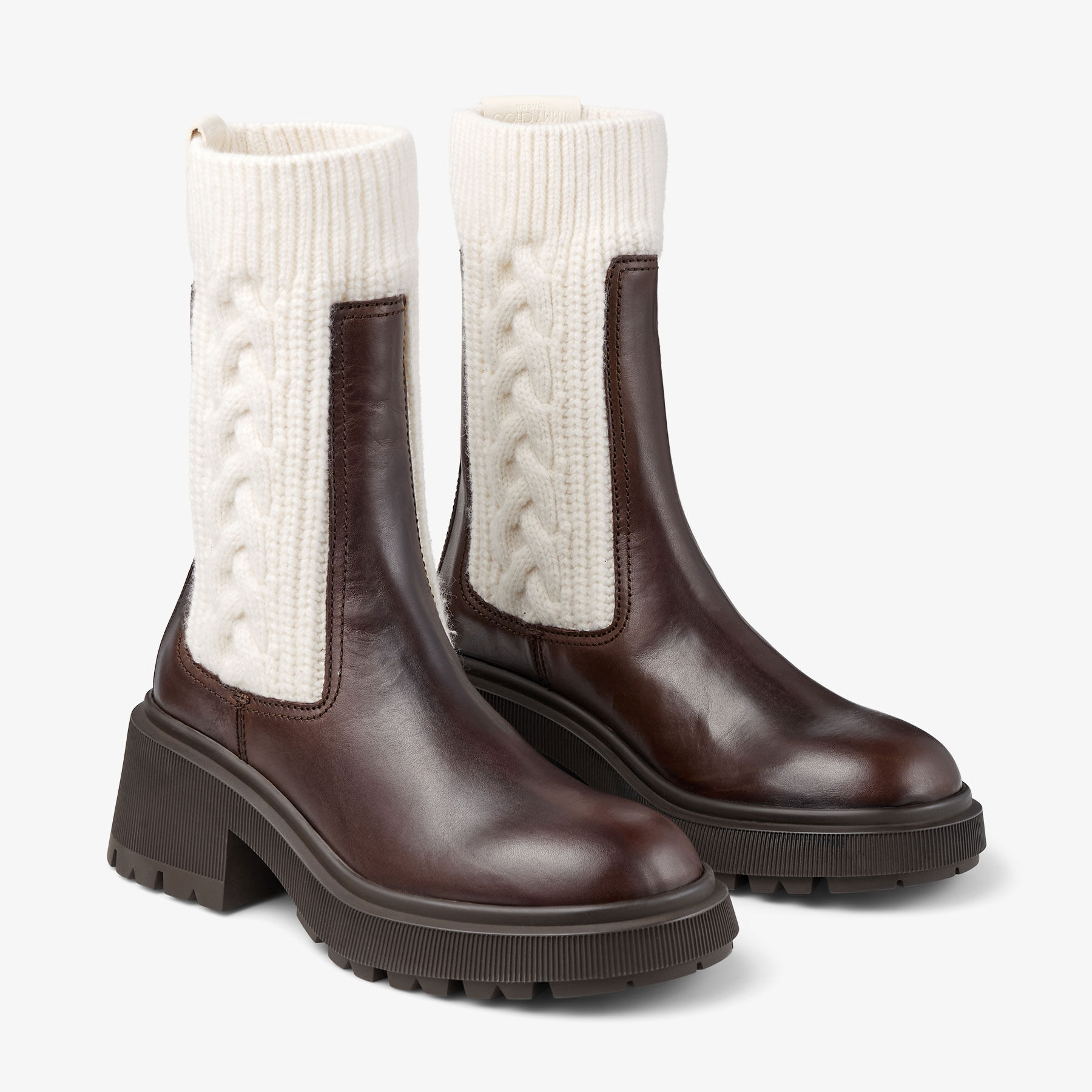 Tamia Flat | Chocolate Shiny Calf Leather Ankle Boots with Cable