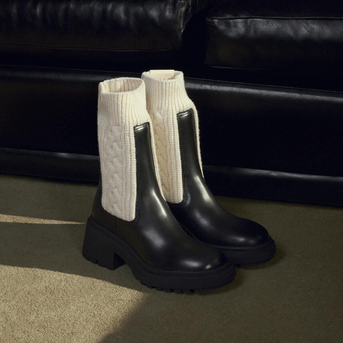 Tamia Flat | Black and Latte Shiny Calf Leather and Cable-Knit