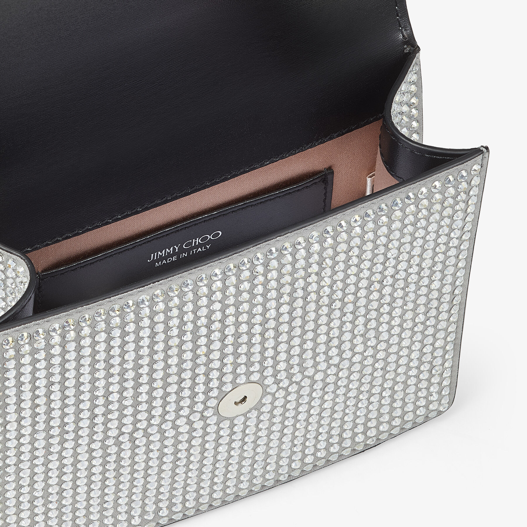 Silver Suede Shoulder Bag with Crystal Embellishment