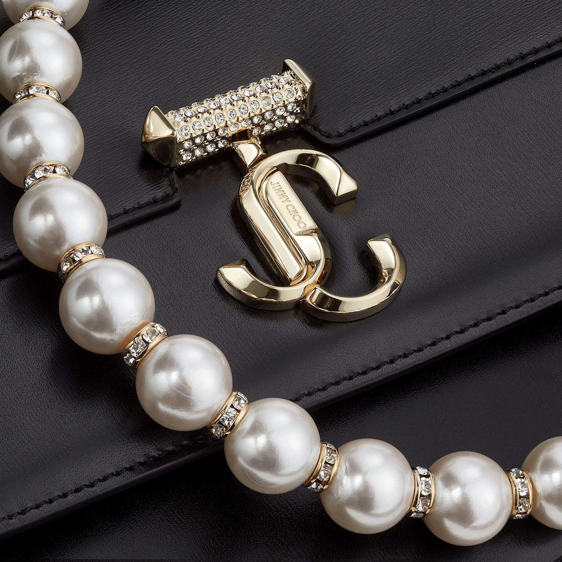 Black Box Leather Shoulder Bag with Pearl Strap | AVENUE Black Box Leather Shoulder Bag with Pearl Strap | AVENUE