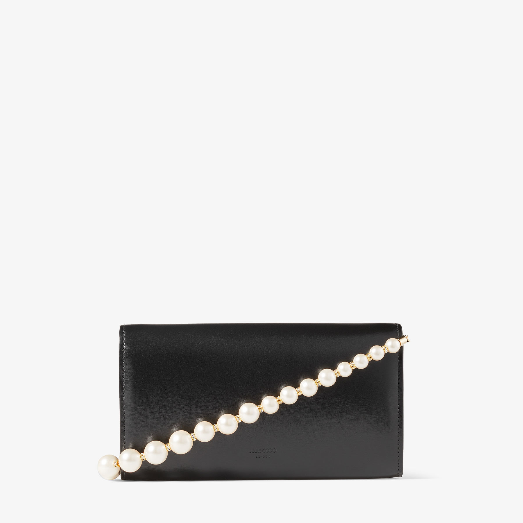 AVENUE WALLET/CHAIN | Black Leather Wallet with Pearl Strap