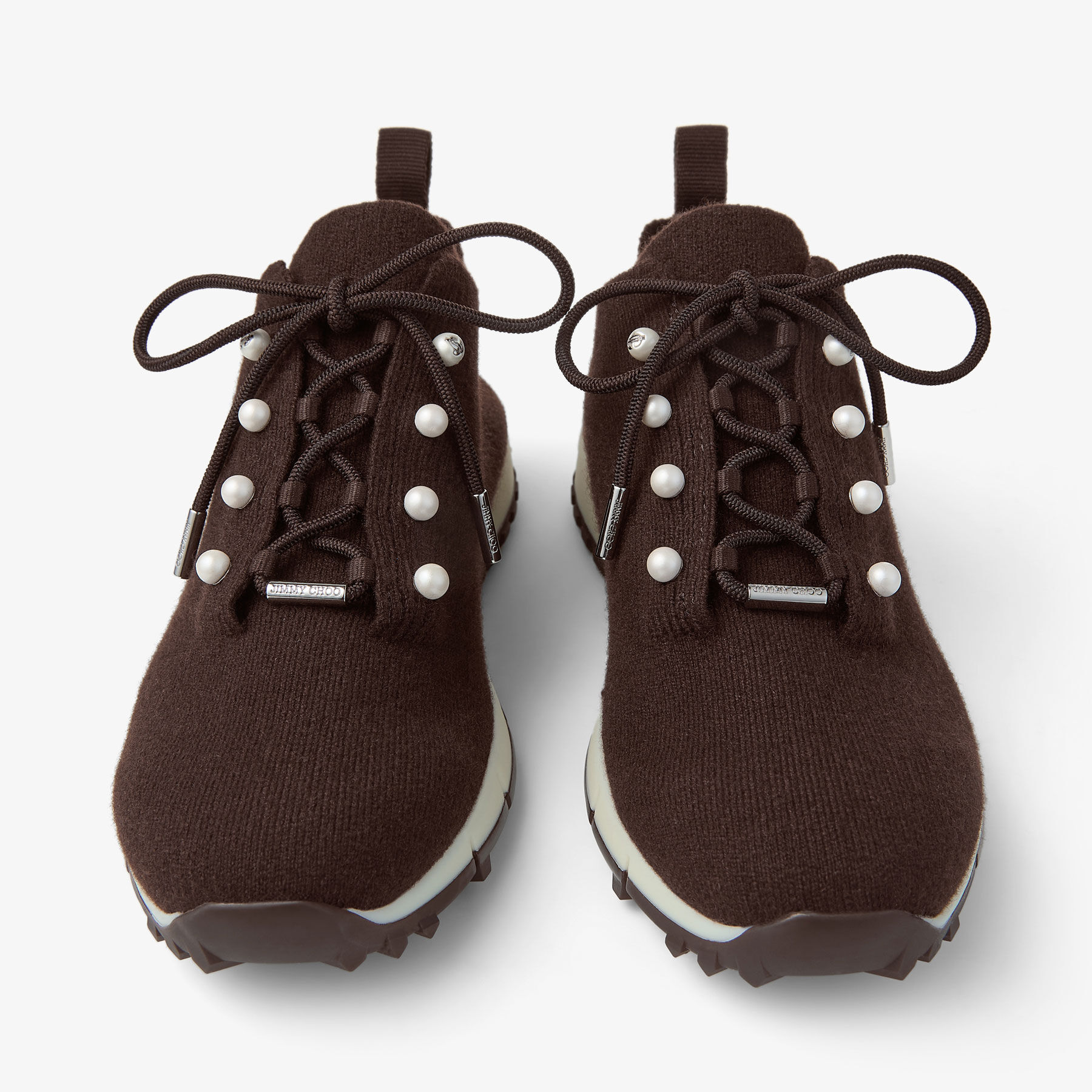 Veles | Chocolate Cashmere Melange Knit Trainers with Pearl