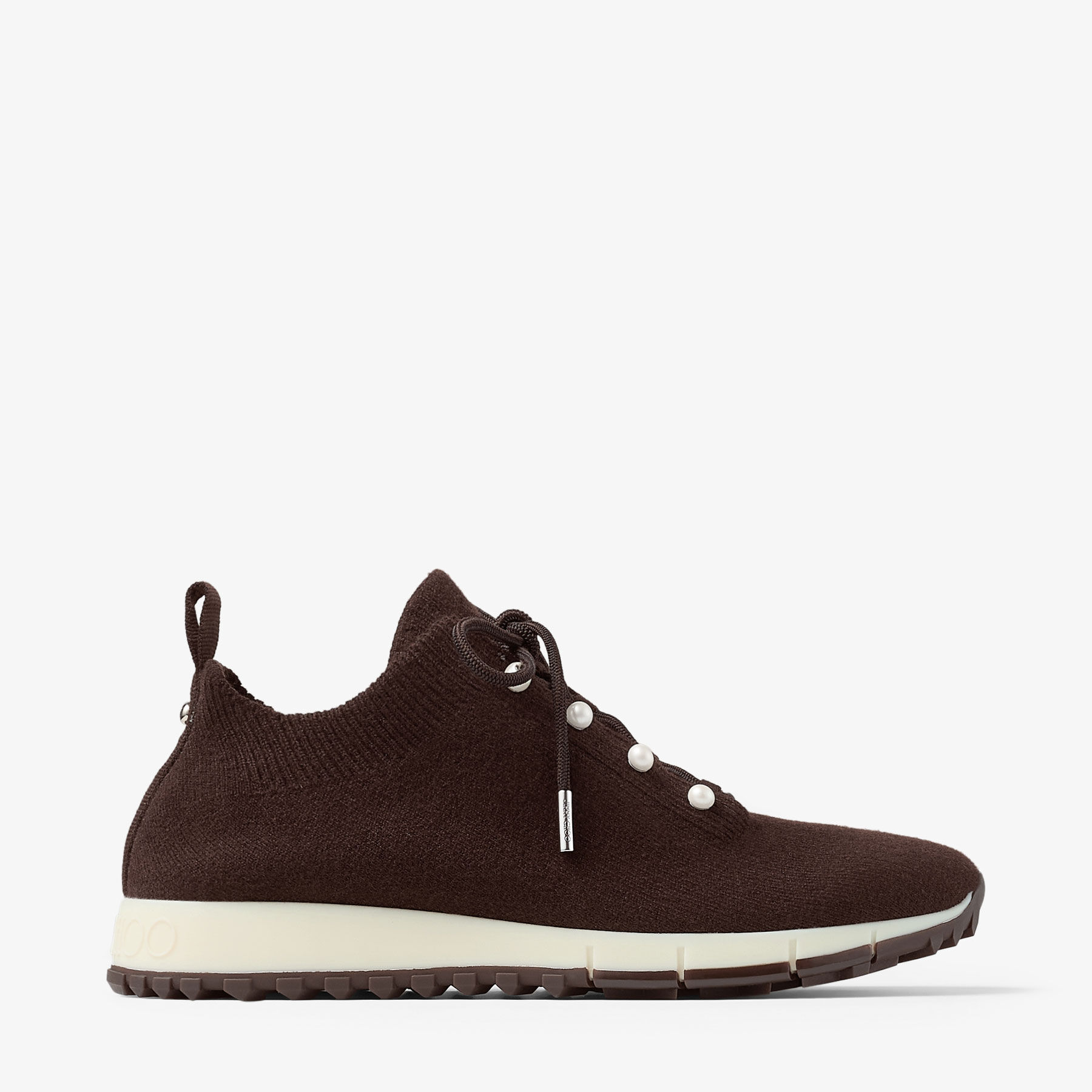 Veles | Chocolate Cashmere Melange Knit Trainers with Pearl