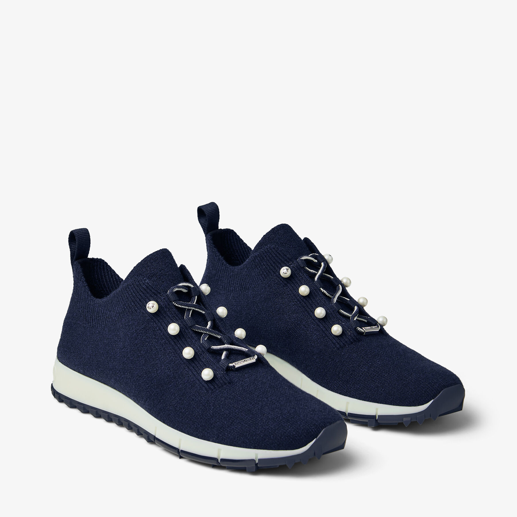 Veles | Marine Cashmere Melange Knit Trainers with Pearl Buttons