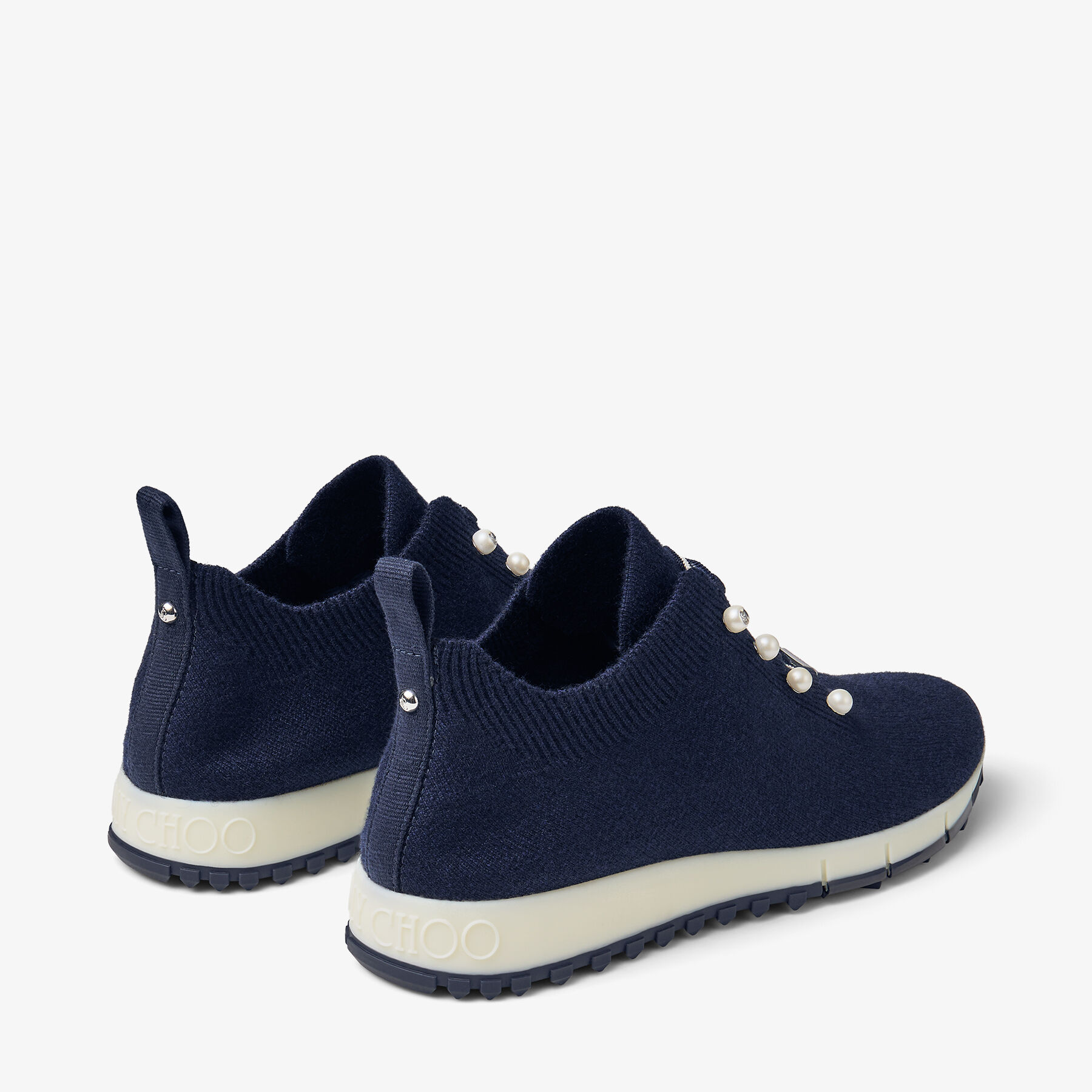 Veles | Marine Cashmere Melange Knit Trainers with Pearl Buttons