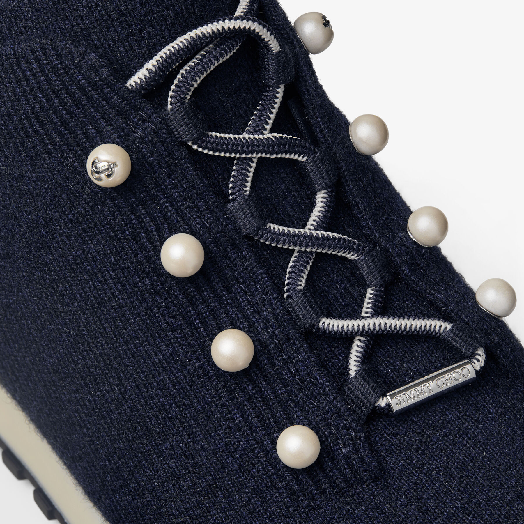 Veles | Marine Cashmere Melange Knit Trainers with Pearl Buttons