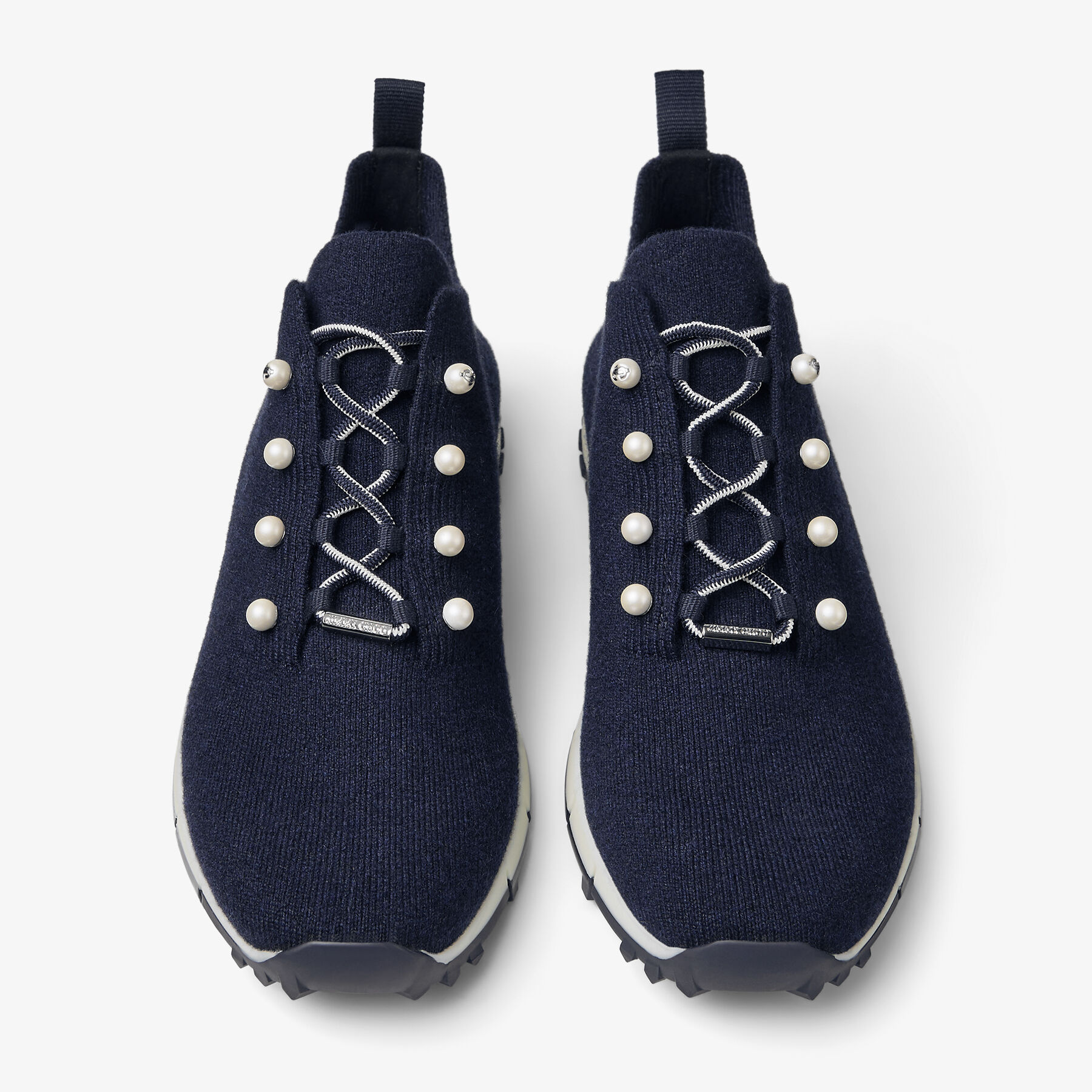 Veles | Marine Cashmere Melange Knit Trainers with Pearl Buttons