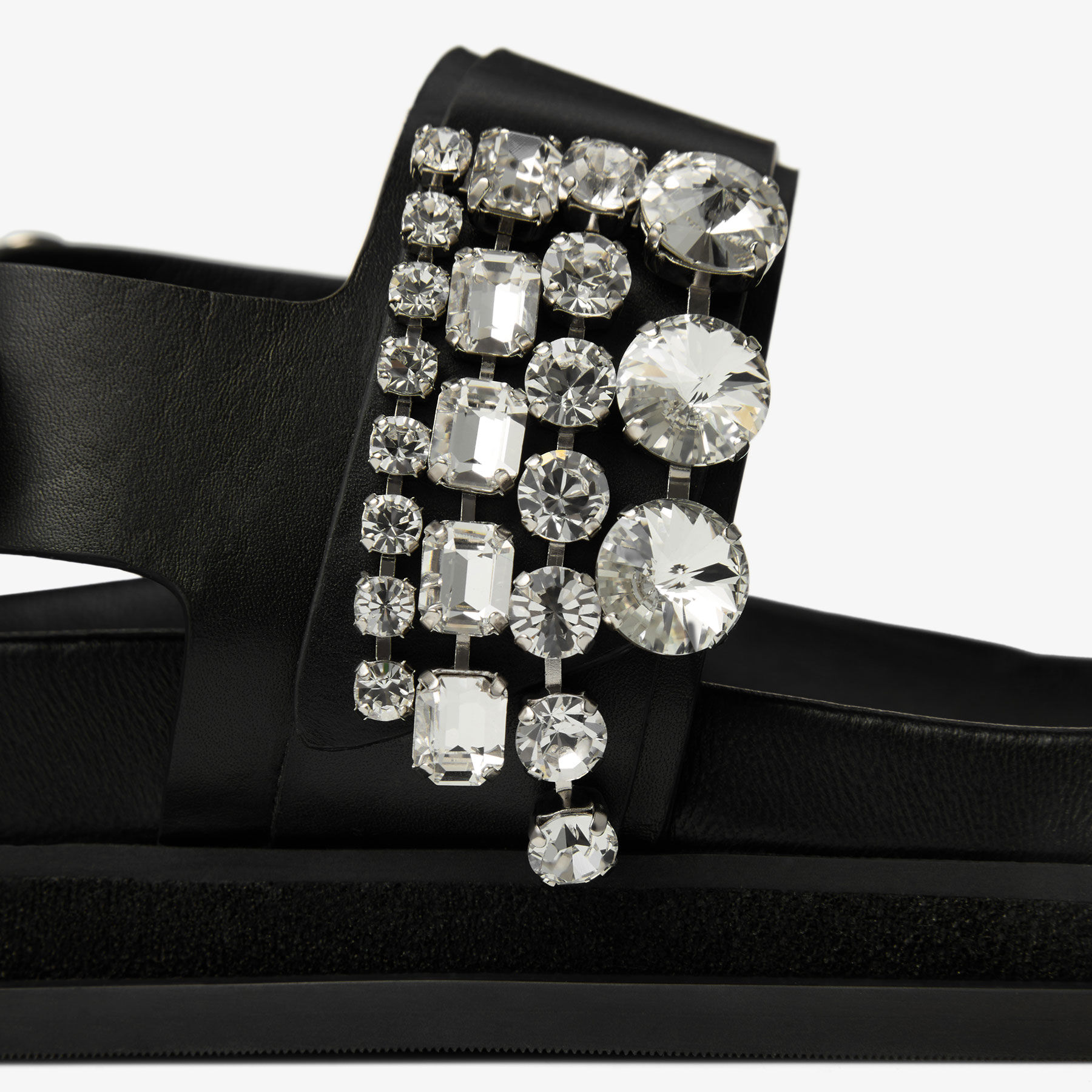 Verity Sandal Flat | Black Leather Crystal Flat Sandals