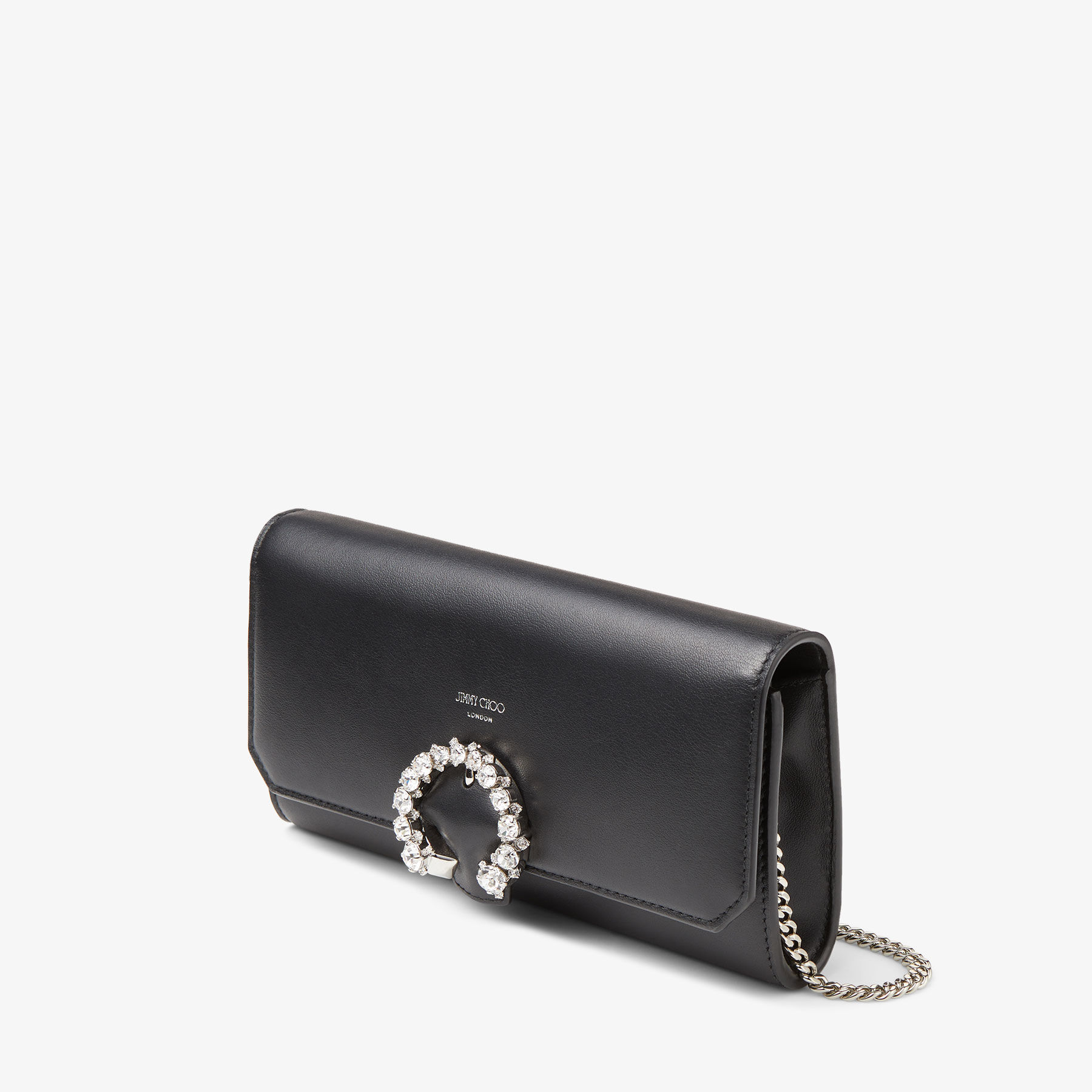 WALLET W/CHAIN | Black Calf Leather Wallet with Crystal Buckle 