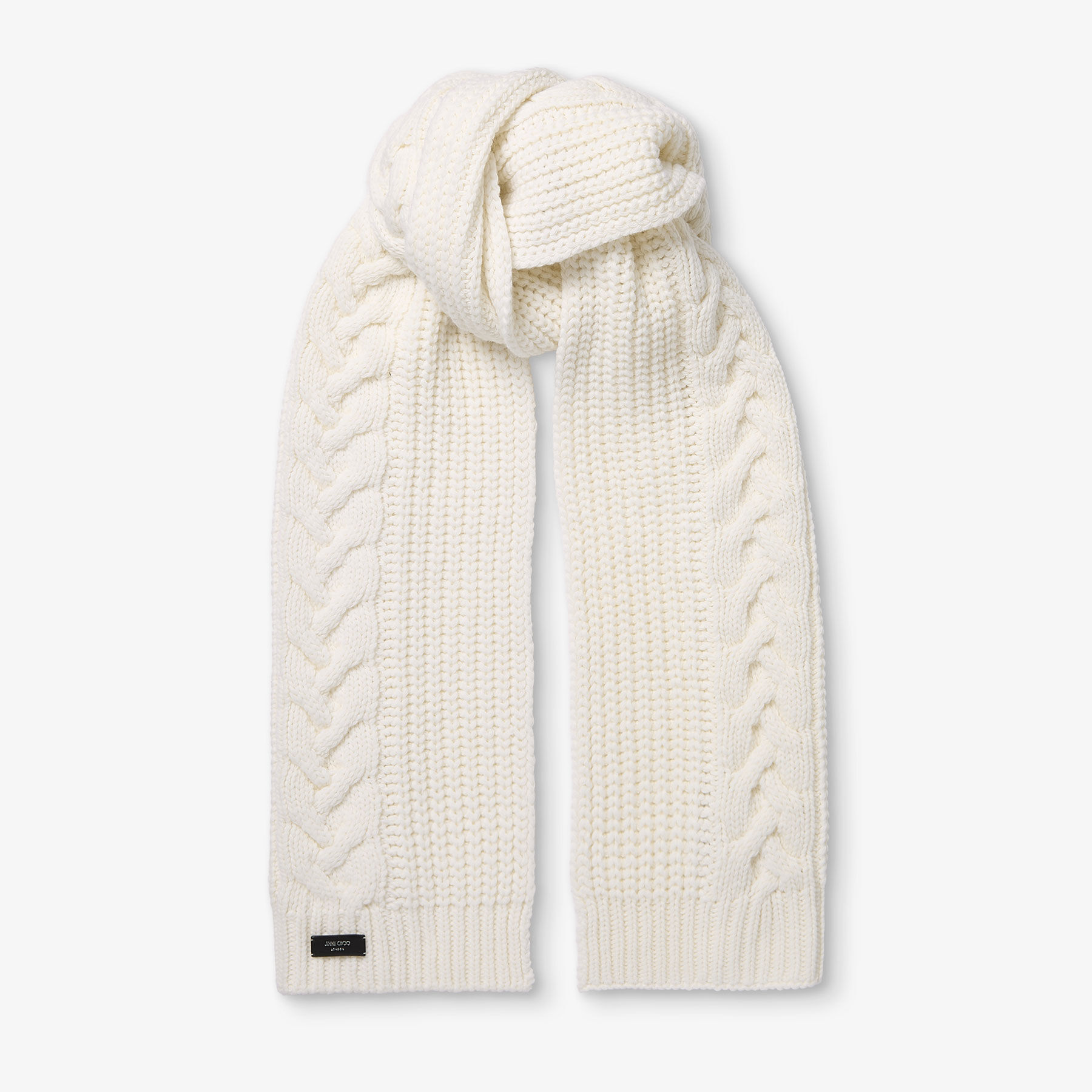 Yukiko Cable | Latte Cable Knit Scarf with Leather Logo Tag