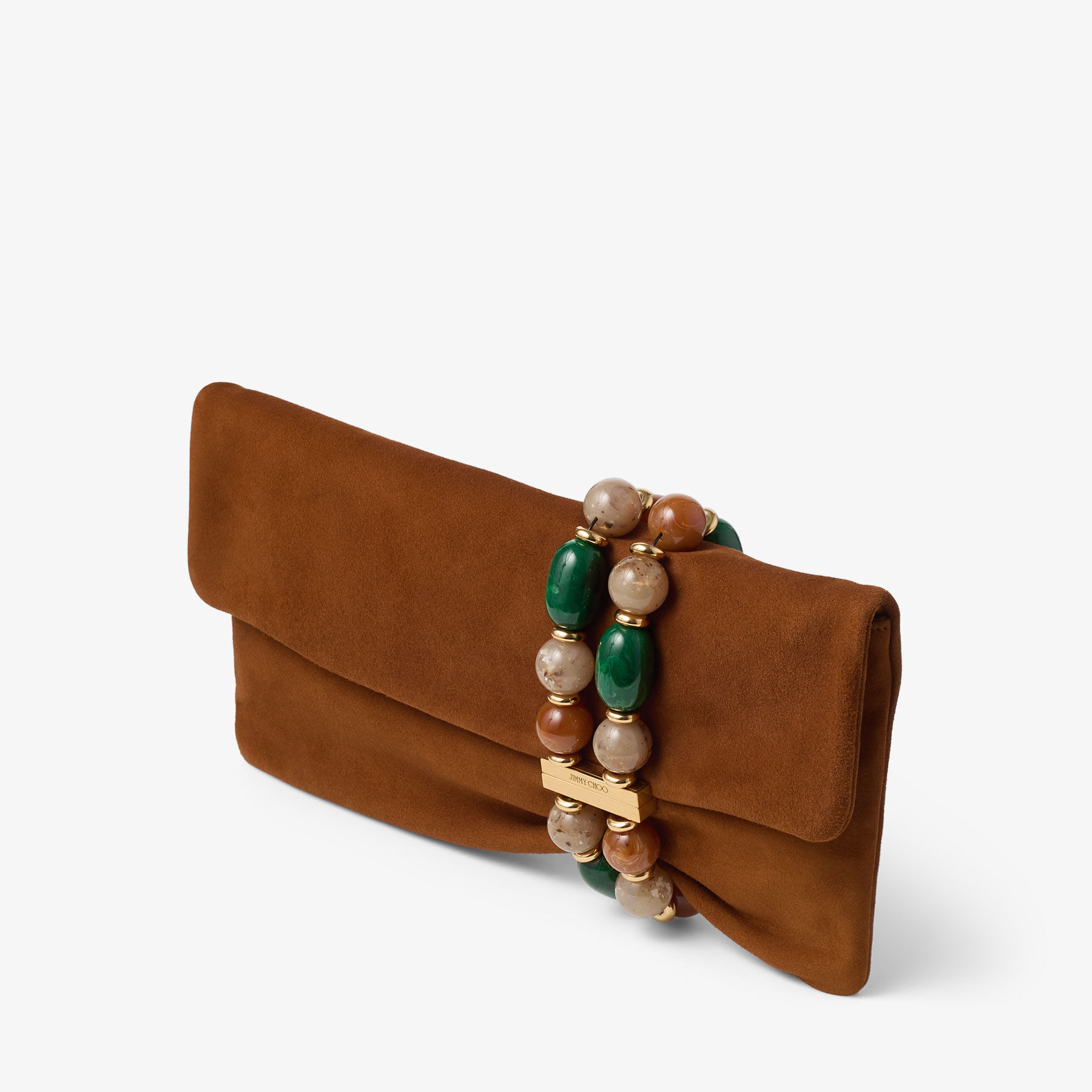 Zandra | Tan Suede Clutch Bag with Beaded Bracelet | JIMMY CHOO