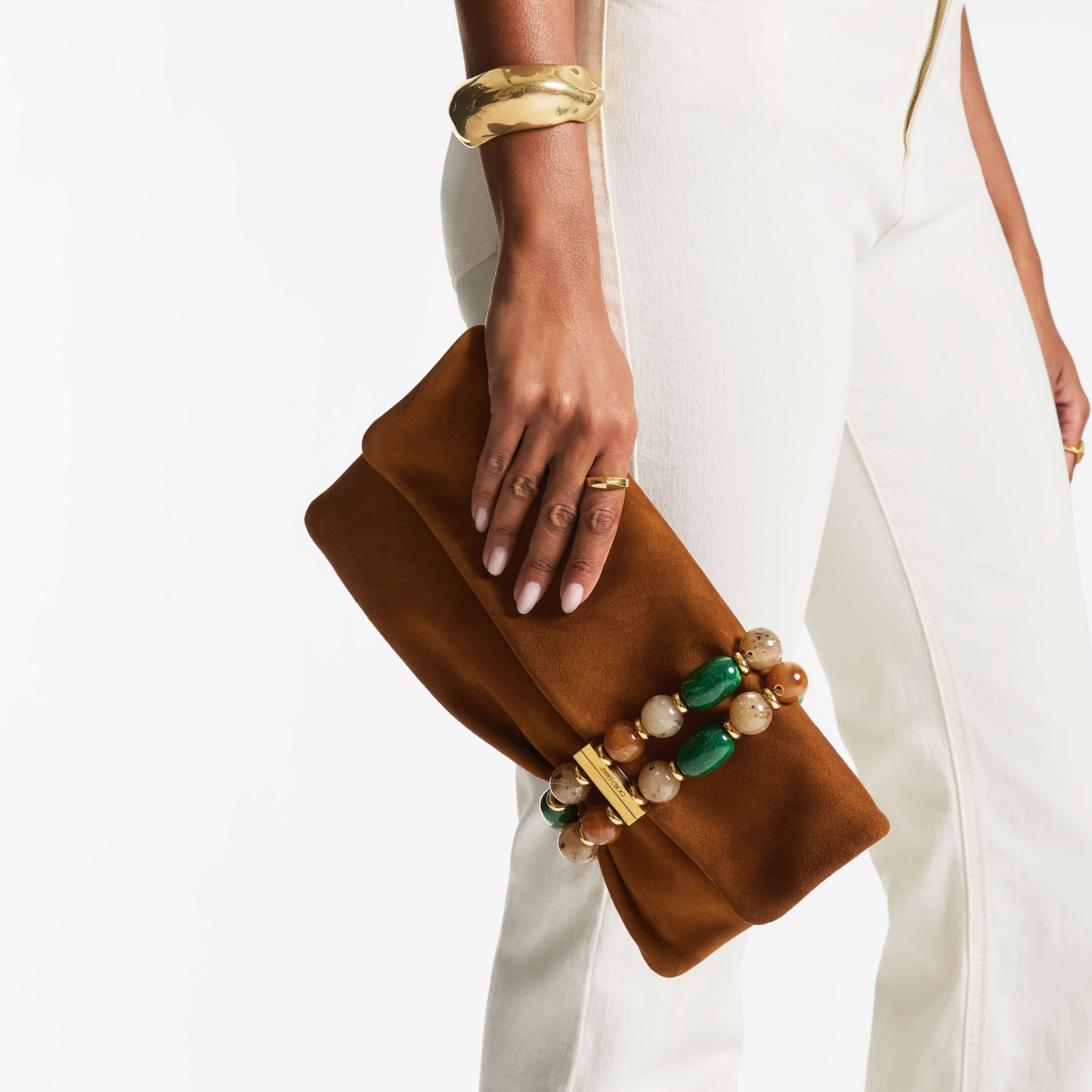 Zandra | Tan Suede Clutch Bag with Beaded Bracelet | JIMMY CHOO