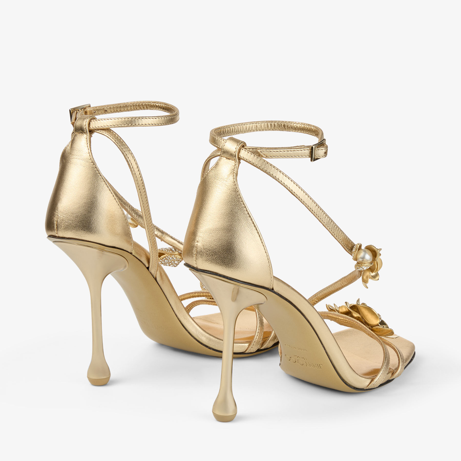 Zea 95 | Gold Metallic Nappa Leather Sandals with Metal Flowers