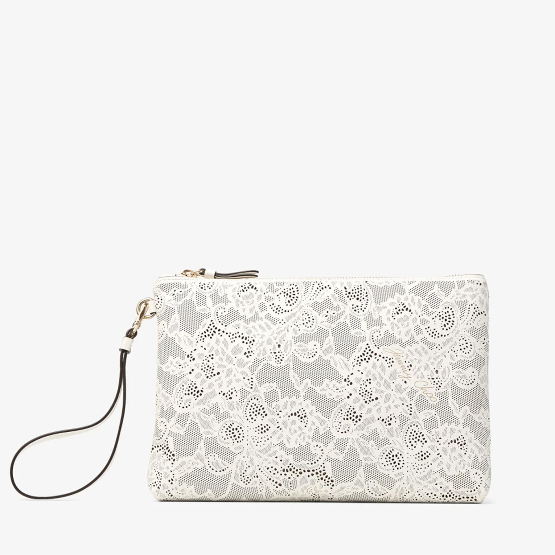 Zipped Flat Pouch | Latte Perforated Leather Lace Pouch | JIMMY CHOO