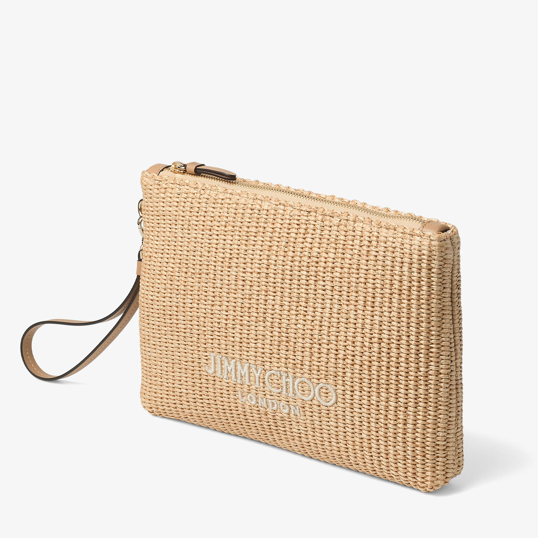 Zipped Flat Pouch | Natural and Latte Raffia Zipped Pouch | JIMMY CHOO