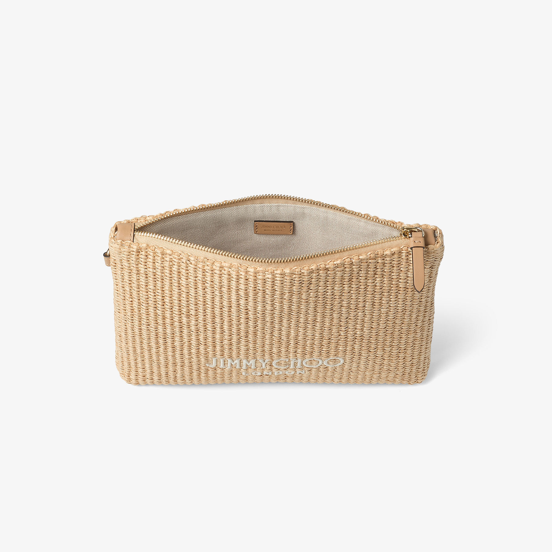 Zipped Flat Pouch | Natural and Latte Raffia Zipped Pouch | JIMMY CHOO