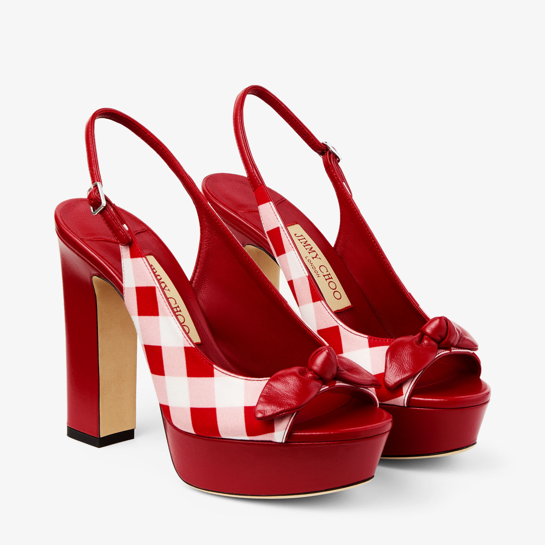Ziva 120 | Ruby Red Mix Gingham Cotton Platform Sandals with Bow