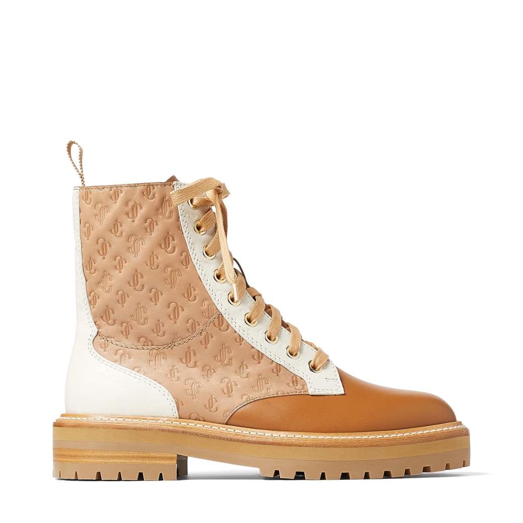 Caramel Jc Monogram Leather Mix Combat Boots Cora Flat High Summer 2021 Jimmy Choo