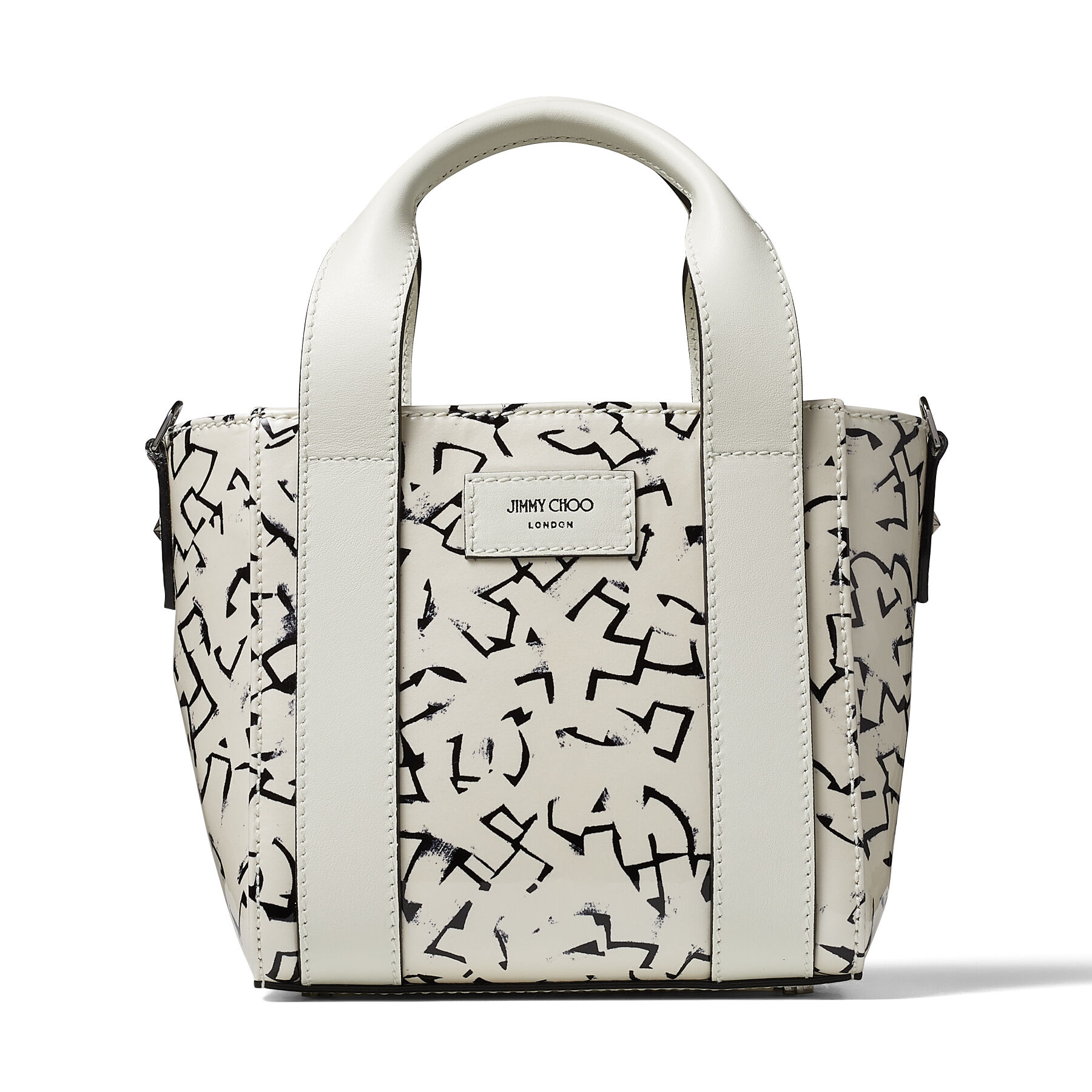 White and Black Artwork Printed Patent Leather Tote Bag | SHOPPER 