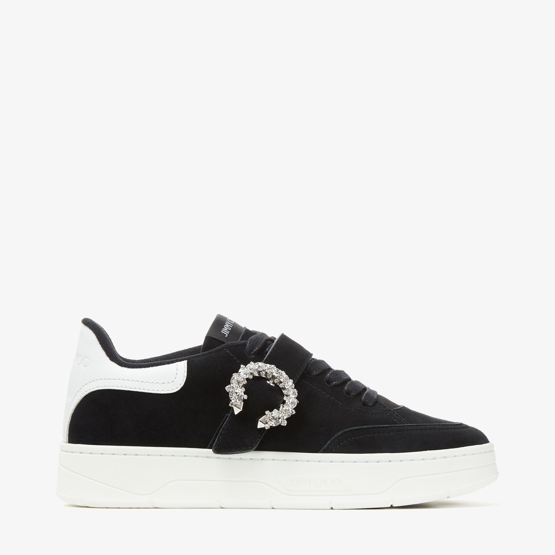 Black Suede and White Calf Leather Low Top Trainers with Crystal ...