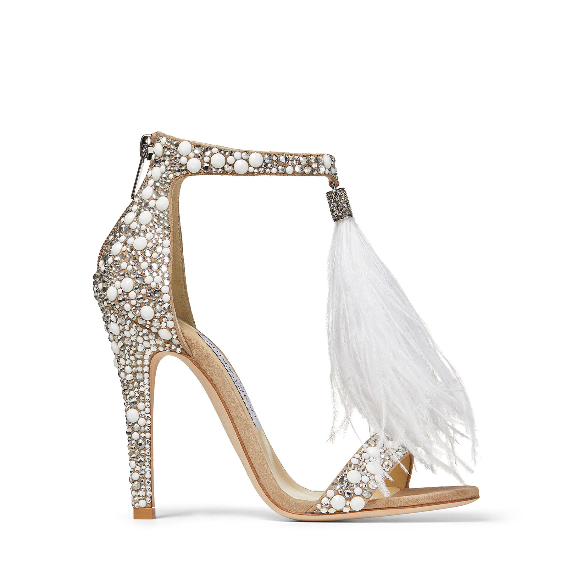 White Suede and Hot Fix Crystal Embellished Sandals with an Ostrich ...