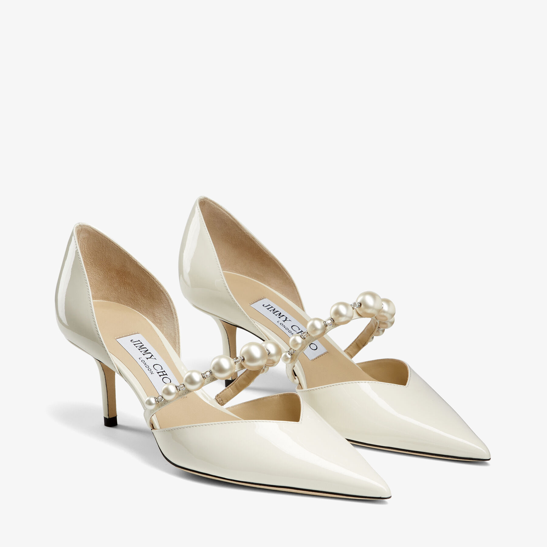Latte Patent Leather Pointed Pumps with Pearl Embellishment 