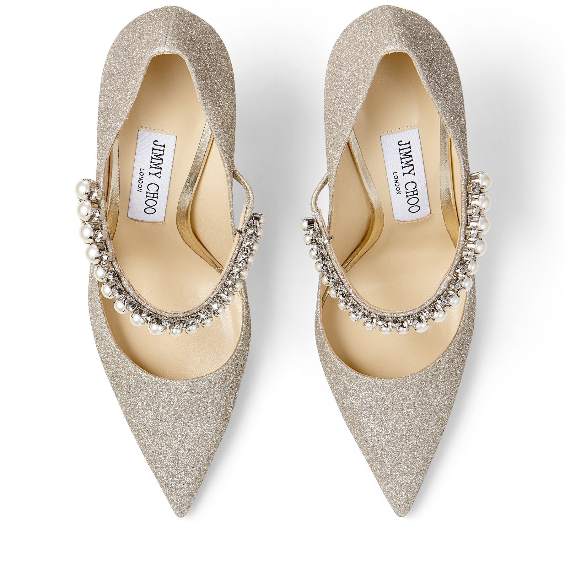 Platinum Ice Dusty Glitter Pumps with Crystal and Pearl Strap 