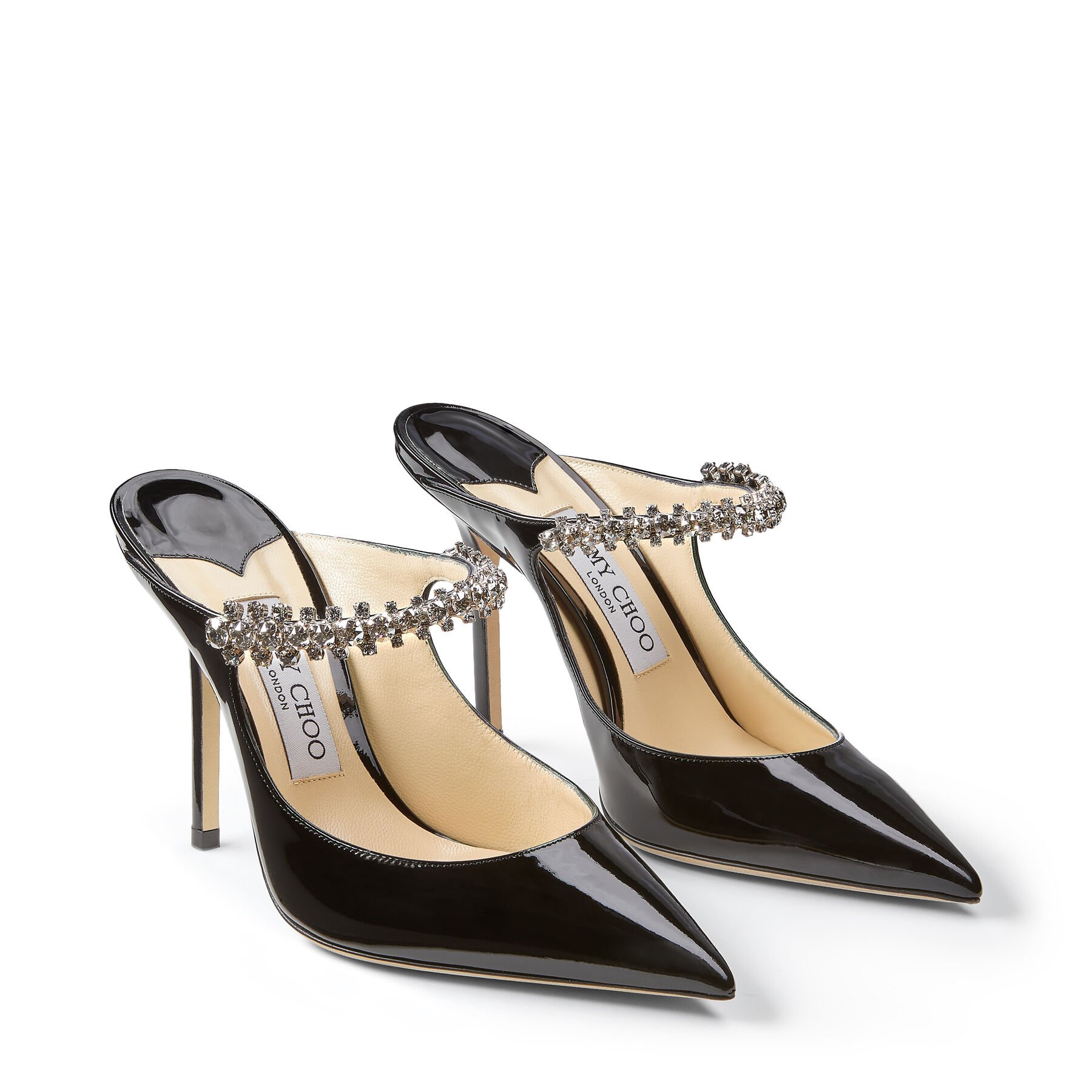 Black Patent Leather Mules with Crystal Strap | BING 100 | Cruise 