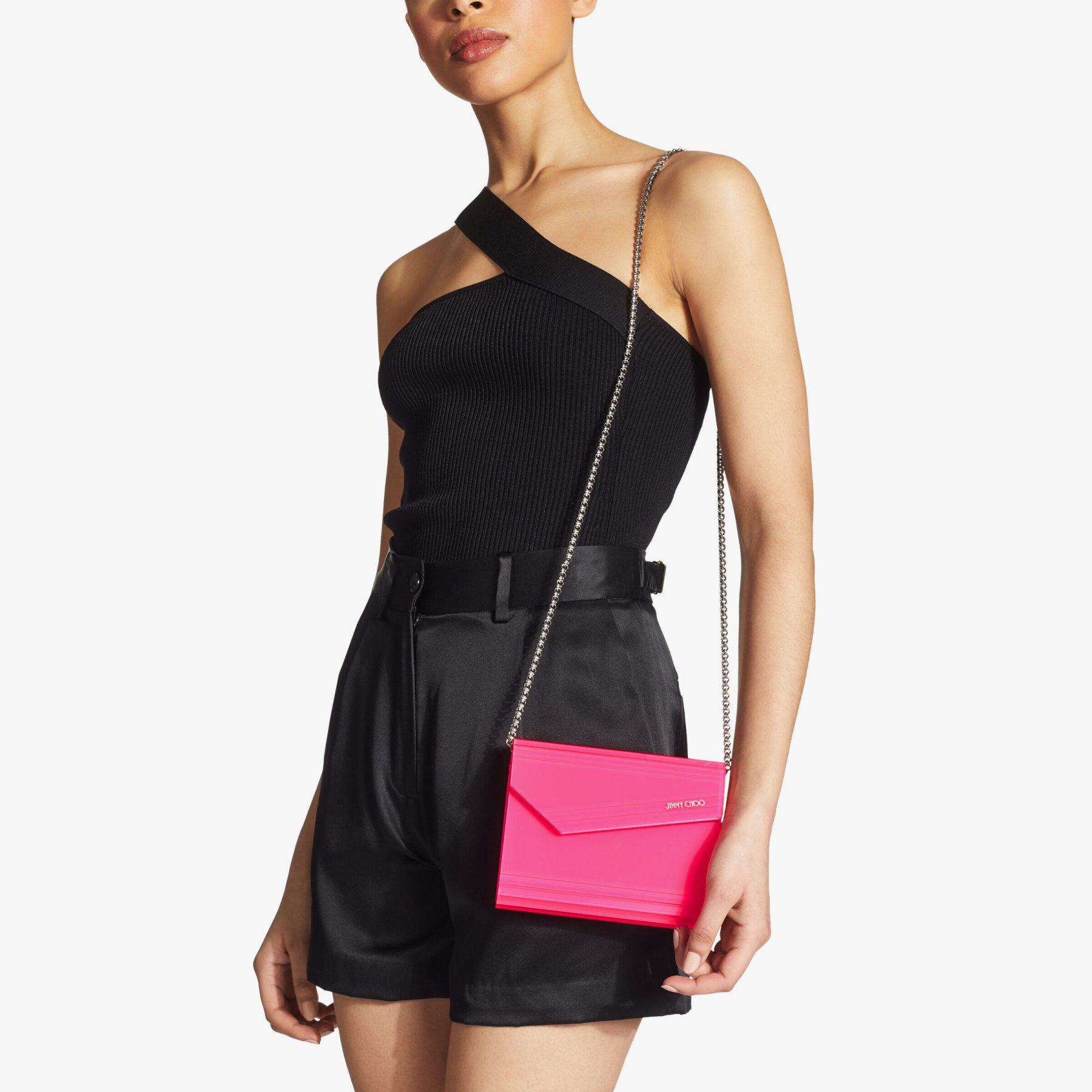 Pochette in tessuto acrilico effetto opaco color hot pink | CANDY |  Collezione Primavera 2022 | JIMMY CHOO