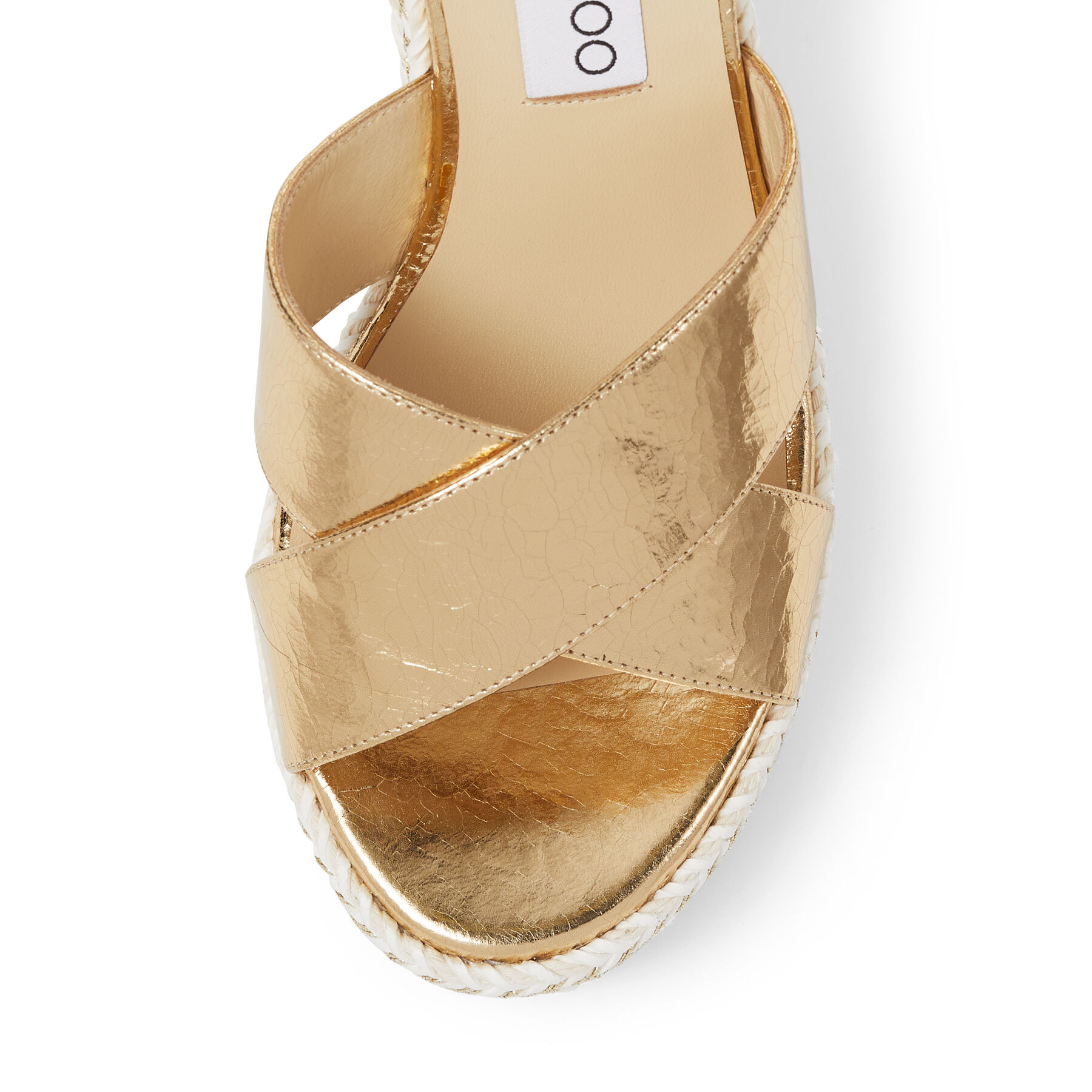 Sandalias de cuña doradas de piel craquelada con trenza de cuerda metálica  | DELLENA 100 | Verano 2021 | JIMMY CHOO