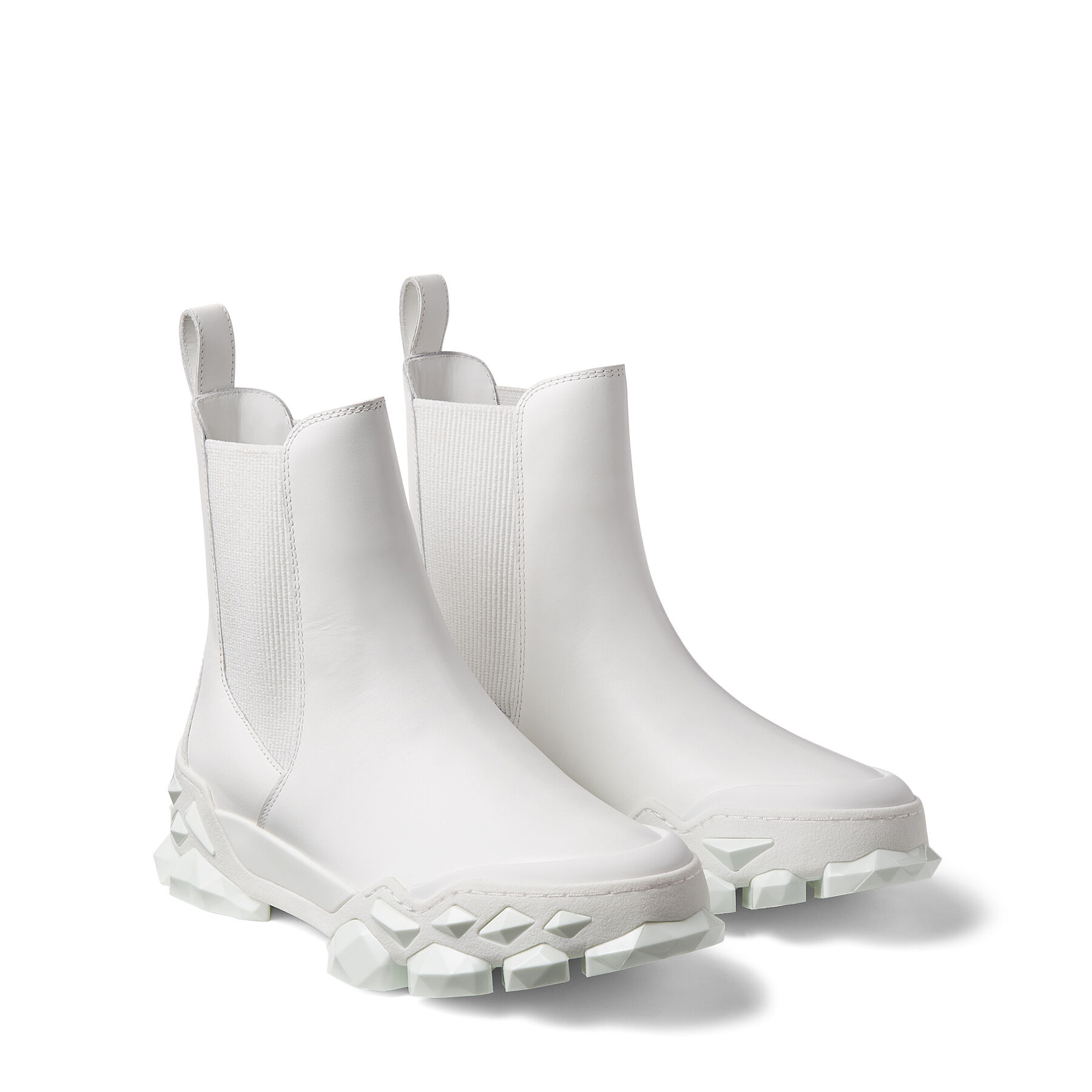 White Smooth Leather Chelsea Boots with Multifaceted Sole 