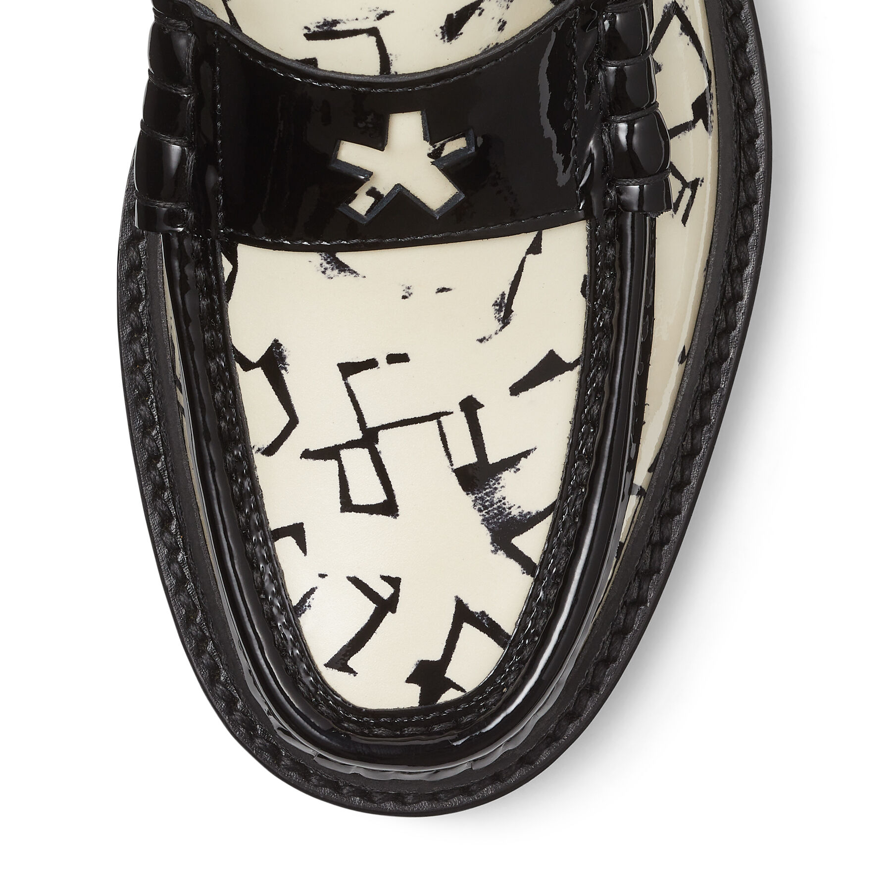 White and Black Artwork Printed Patent Leather Loafers | EZRA/F 