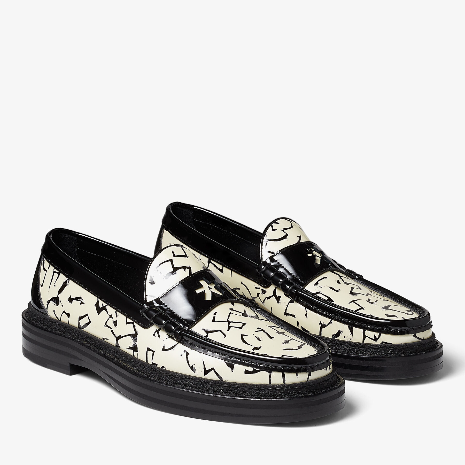 White and Black Artwork Printed Patent Leather Loafers | EZRA/M 