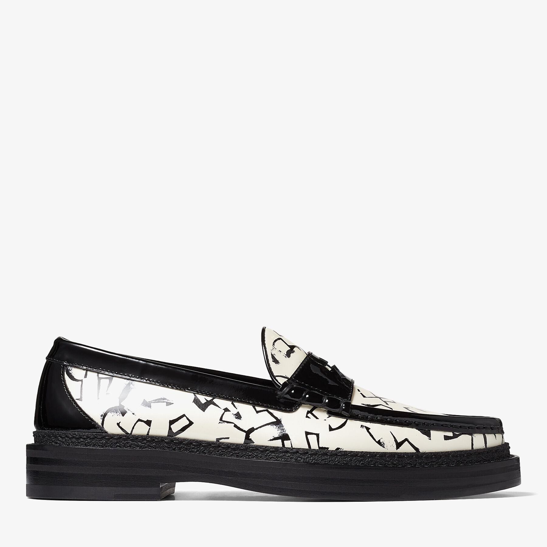 White and Black Artwork Printed Patent Leather Loafers | EZRA/M 