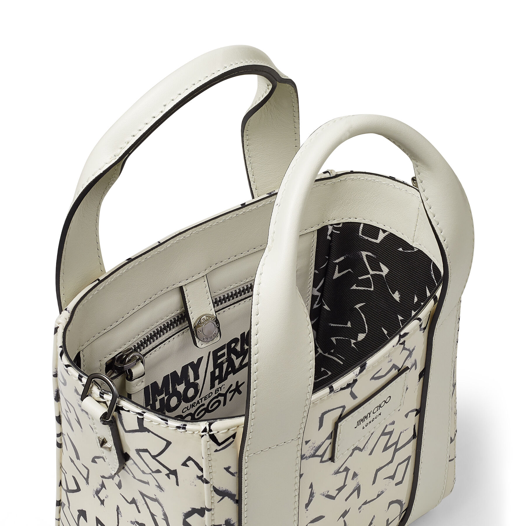 White and Black Artwork Printed Patent Leather Tote Bag | SHOPPER 